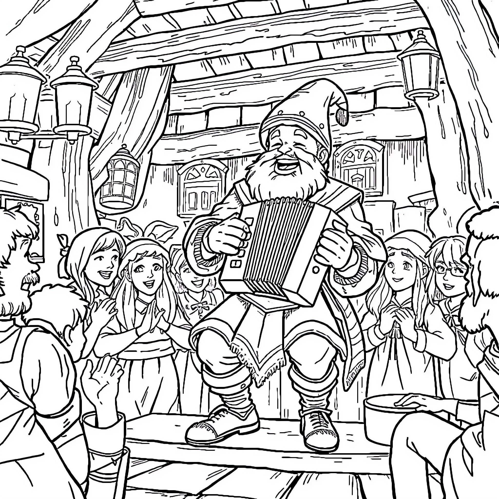Kenku Minstrels Entertaining Villagers in a Tavern Coloring Page (free black-and-white line drawing printable PDF for all, from beginners to advanced learners, including children, teens, adults, and seniors)