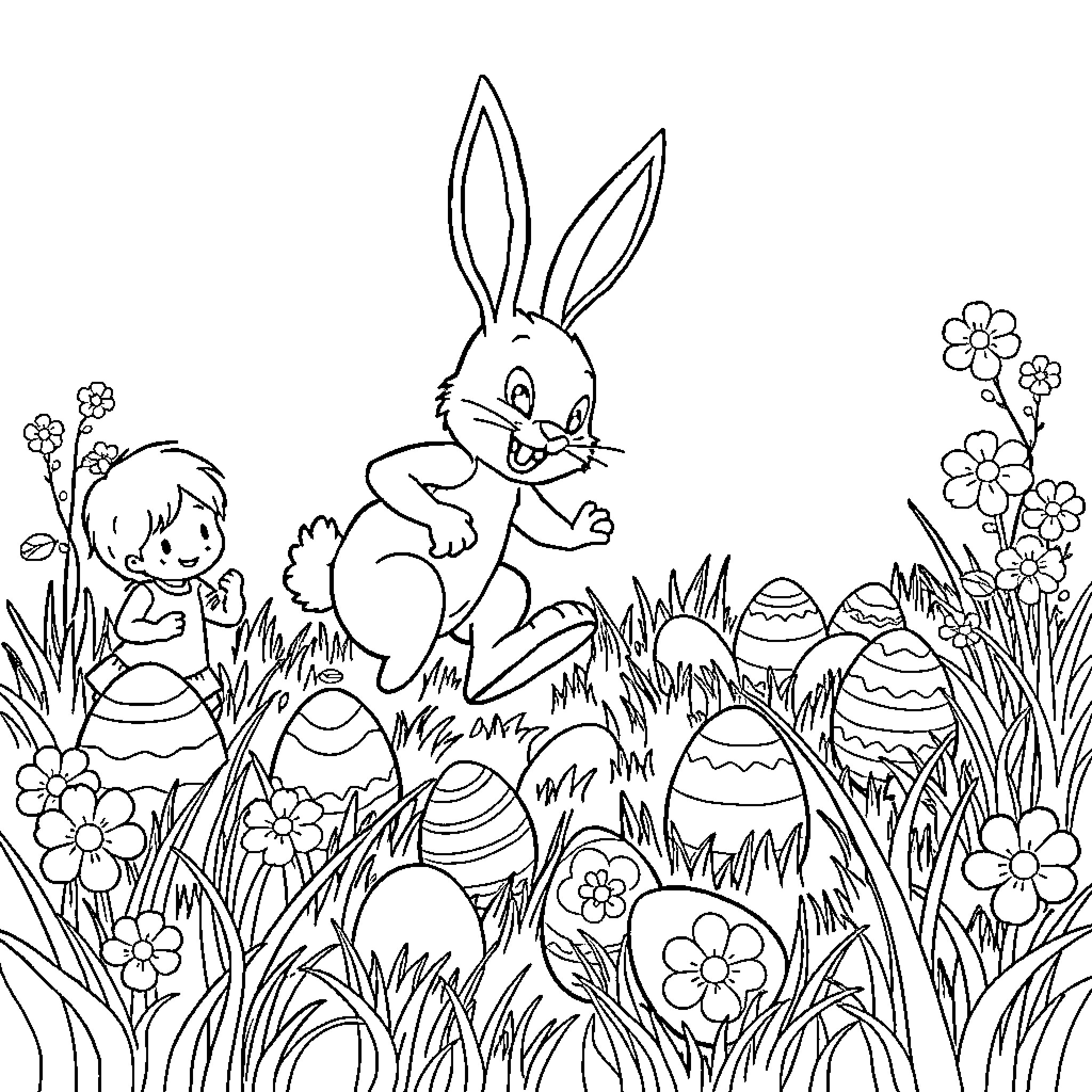 Bunny hopping happily in the Easter garden Coloring Page (free black-and-white line drawing printable PDF for all, from beginners to advanced learners, including children, teens, adults, and seniors)