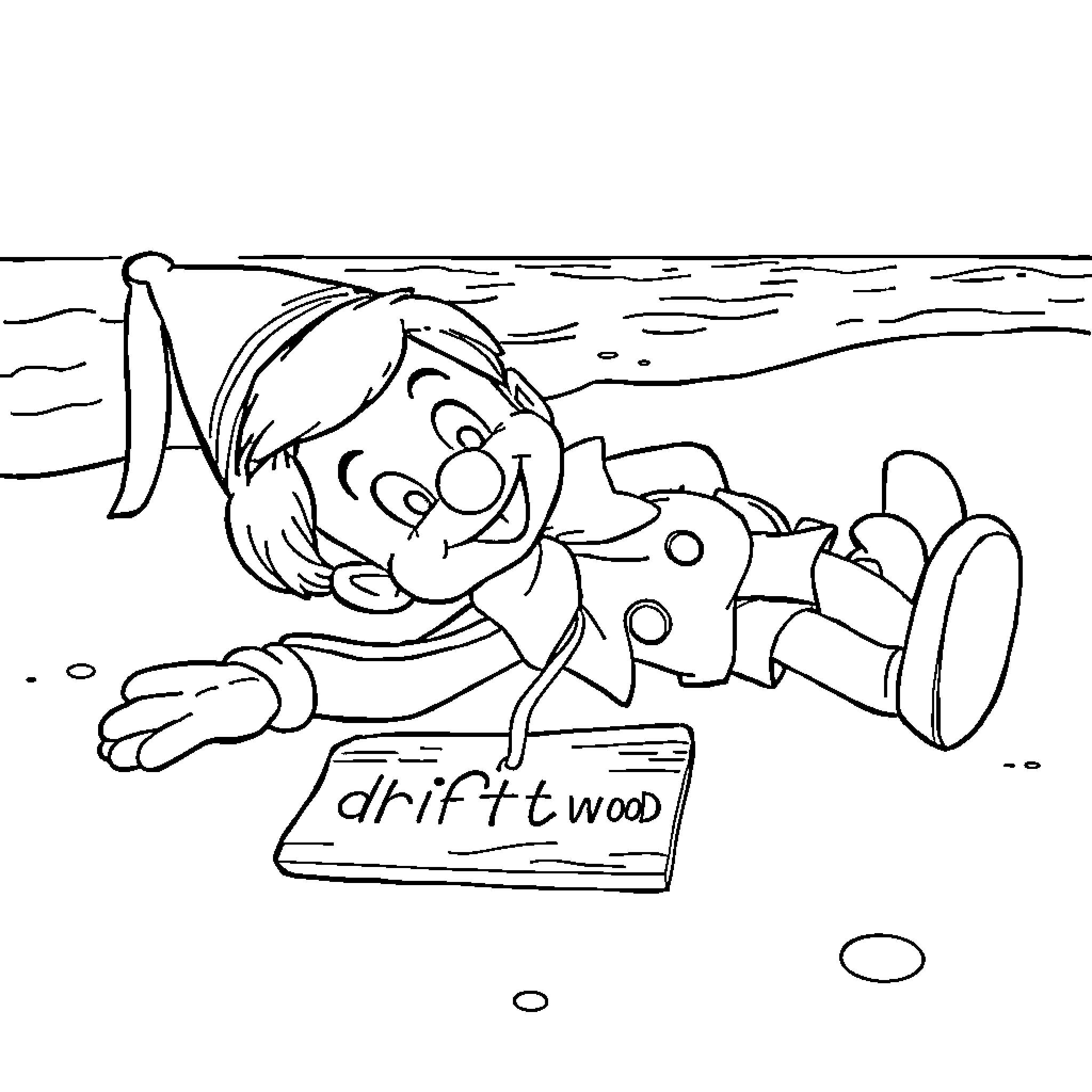 Pinocchio drifting on wooden log Coloring Page (free black-and-white line drawing printable PDF for all, from beginners to advanced learners, including children, teens, adults, and seniors)
