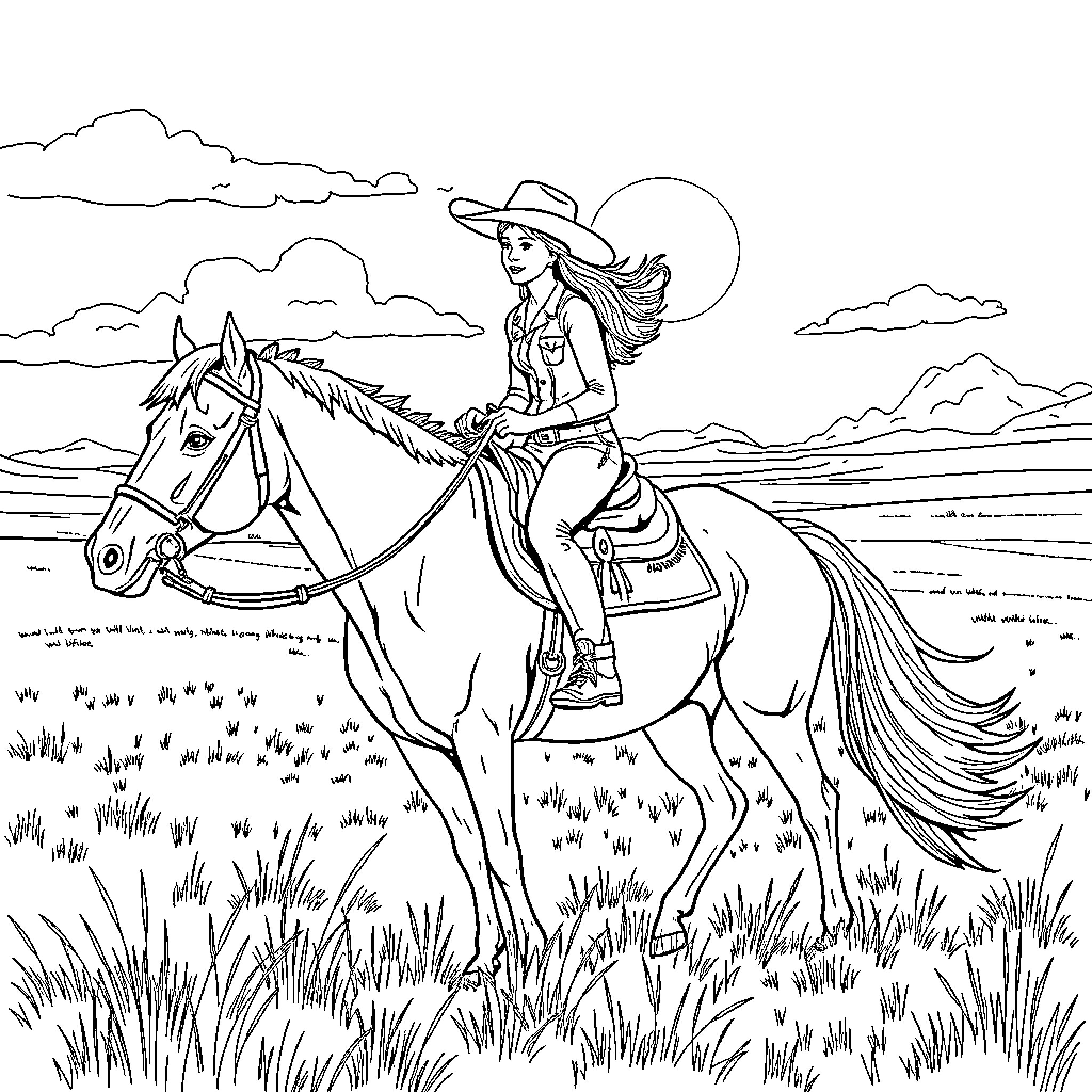 Lainey Wilson riding a horse in a scenic landscape Coloring Page (free black-and-white line drawing printable PDF for all, from beginners to advanced learners, including children, teens, adults, and seniors)