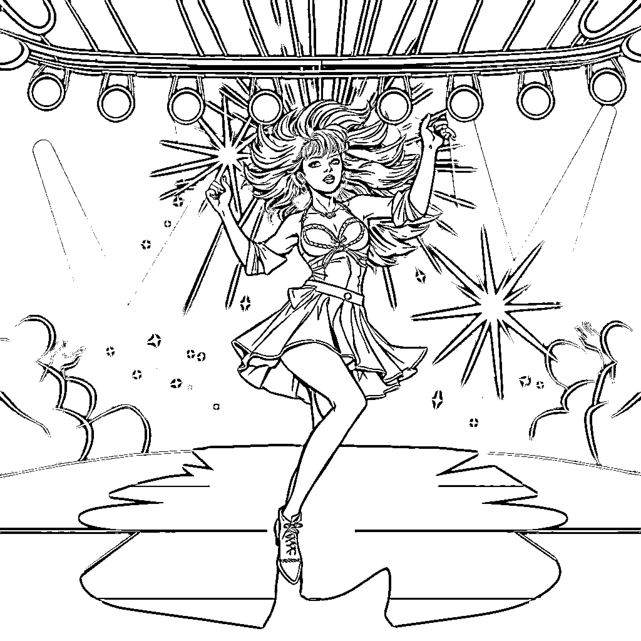 K Pop Warrior Performing on Stage with Dazzling Lights Coloring Page (free black-and-white line drawing printable PDF for all, from beginners to advanced learners, including children, teens, adults, and seniors)
