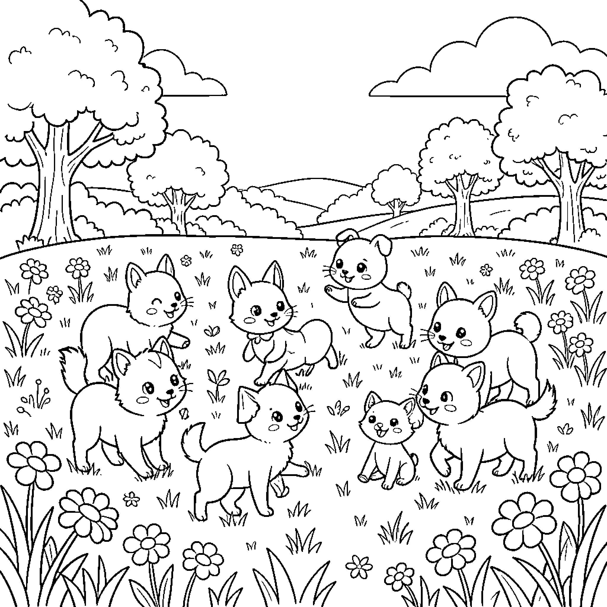 Animal kittens playing in the park Coloring Page (free black-and-white line drawing printable PDF for all, from beginners to advanced learners, including children, teens, adults, and seniors)
