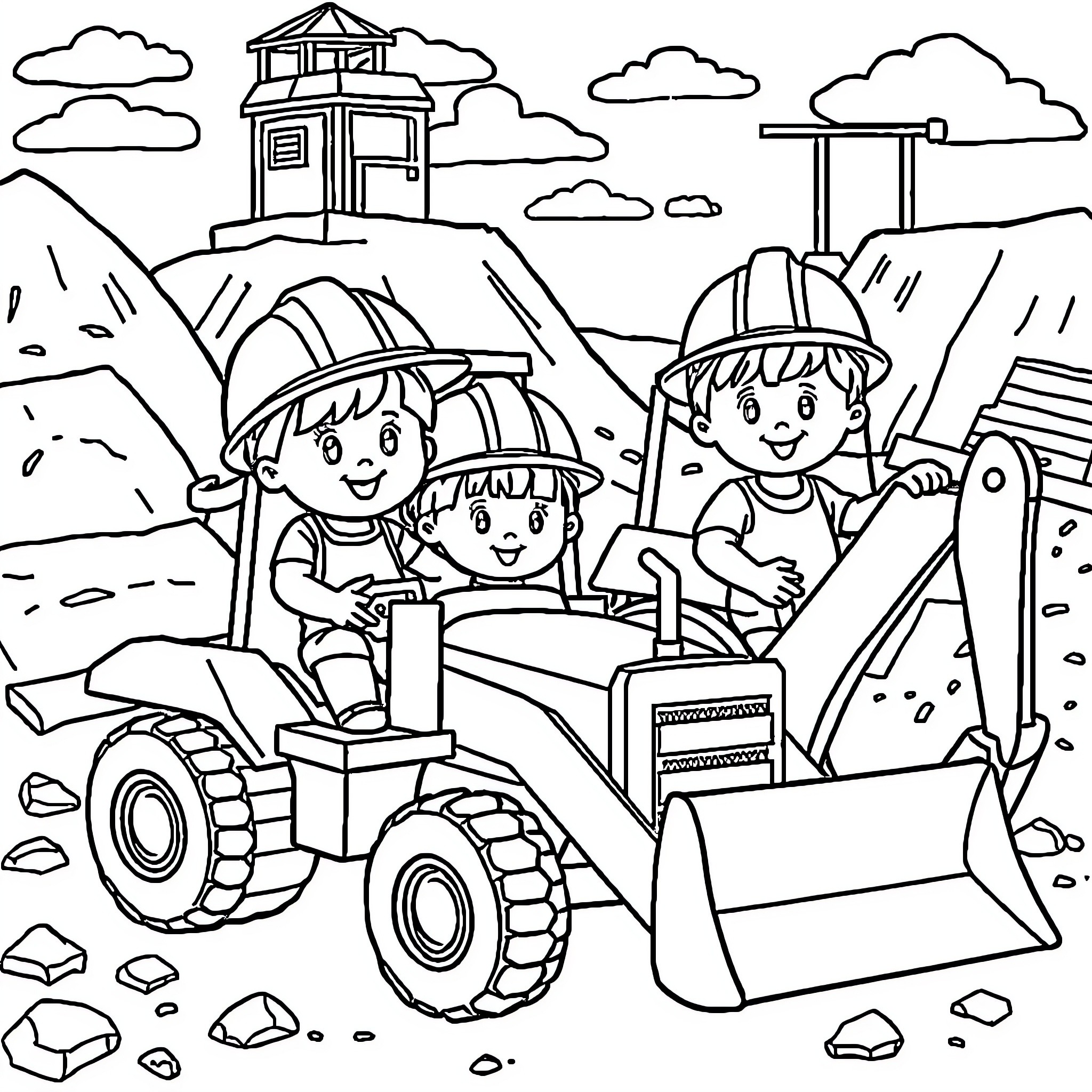 Kid Construction Workers Building at Construction Site Coloring Page (free black-and-white line drawing printable PDF for all, from beginners to advanced learners, including children, teens, adults, and seniors)