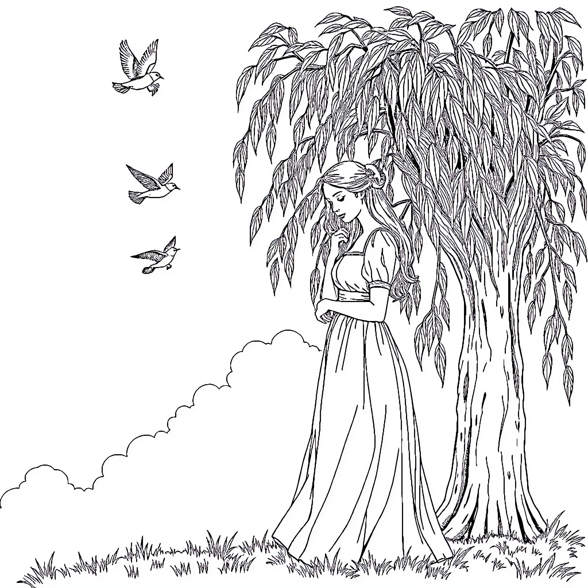 Woman standing under a weeping willow tree Coloring Page (free black-and-white line drawing printable PDF for all, from beginners to advanced learners, including children, teens, adults, and seniors)