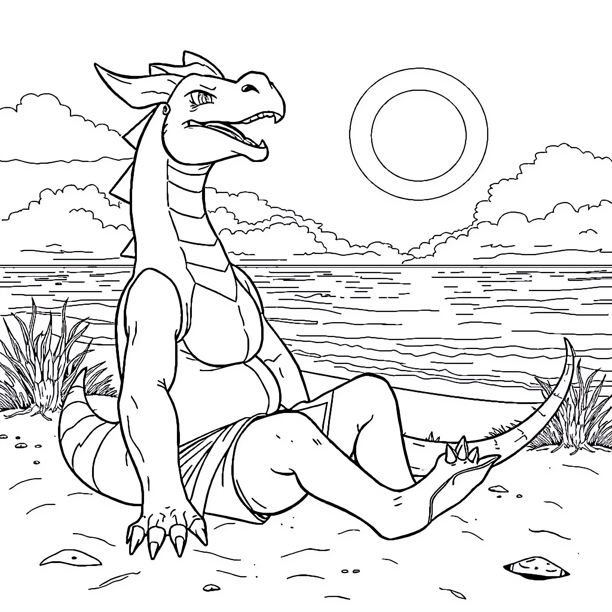 Charizard enjoying the sunny day by the lake Coloring Page (free black-and-white line drawing printable PDF for all, from beginners to advanced learners, including children, teens, adults, and seniors)