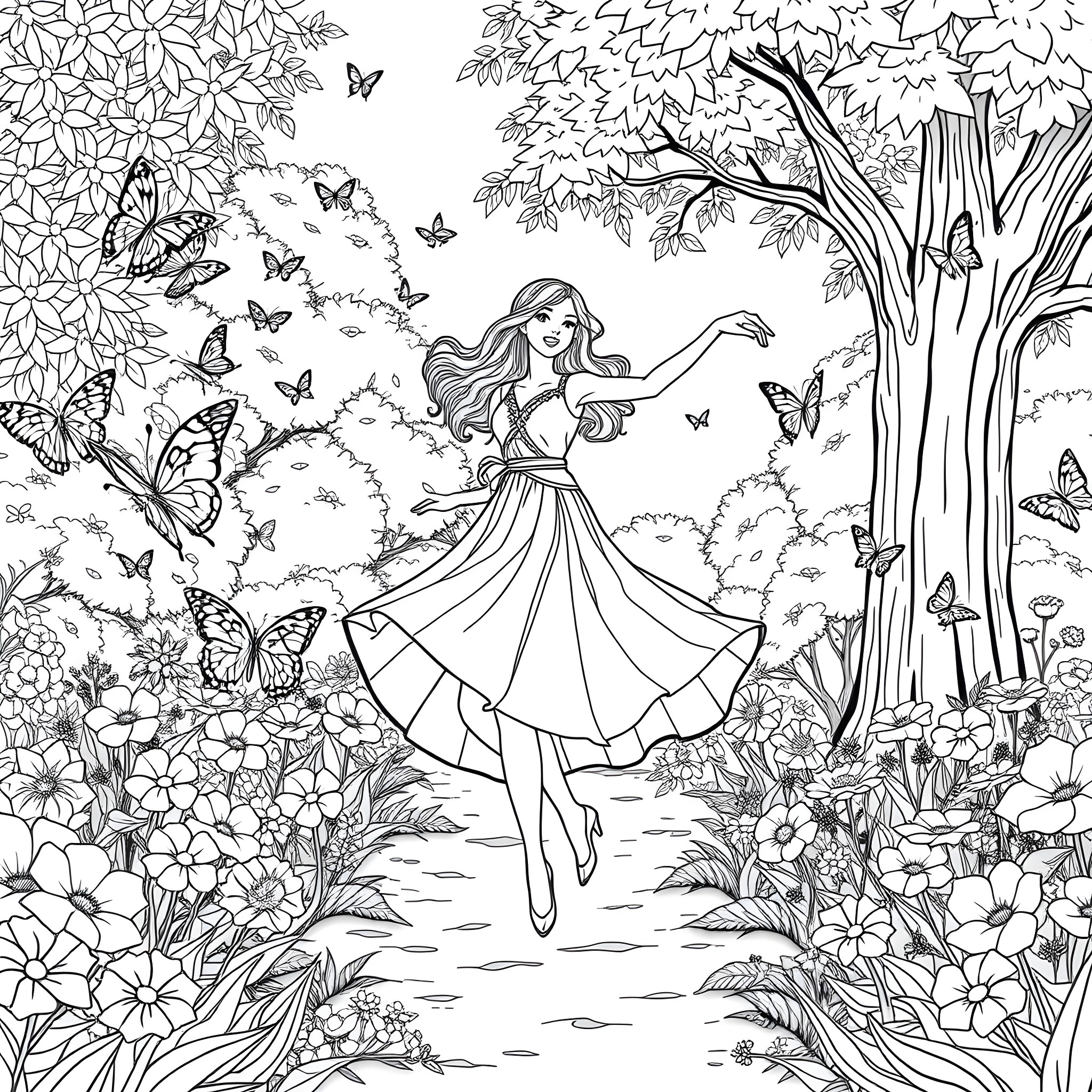 Woman dancing gracefully amidst nature's splendor Coloring Page (free black-and-white line drawing printable PDF for all, from beginners to advanced learners, including children, teens, adults, and seniors)