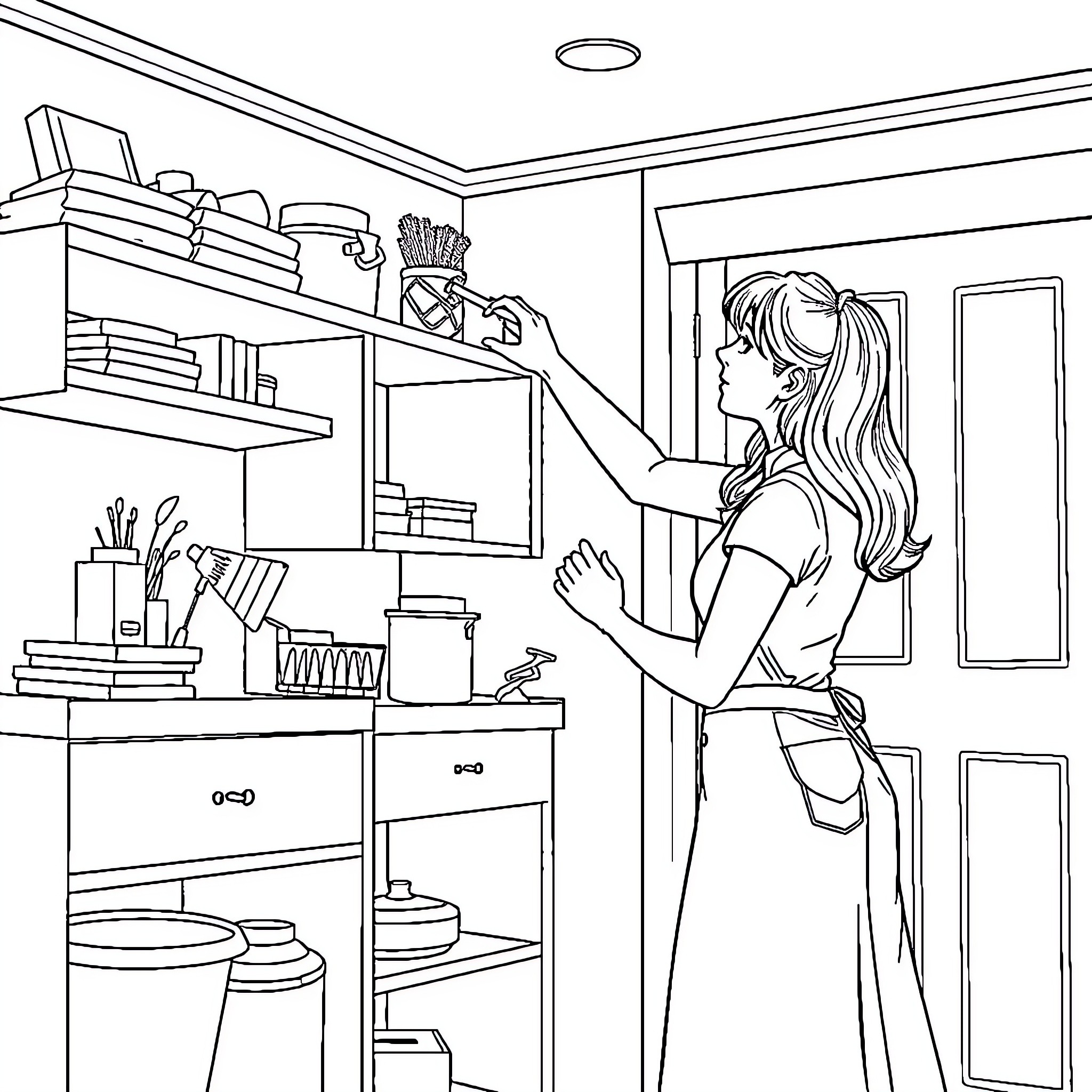 Wife tidying up the organized home office Coloring Page (free black-and-white line drawing printable PDF for all, from beginners to advanced learners, including children, teens, adults, and seniors)