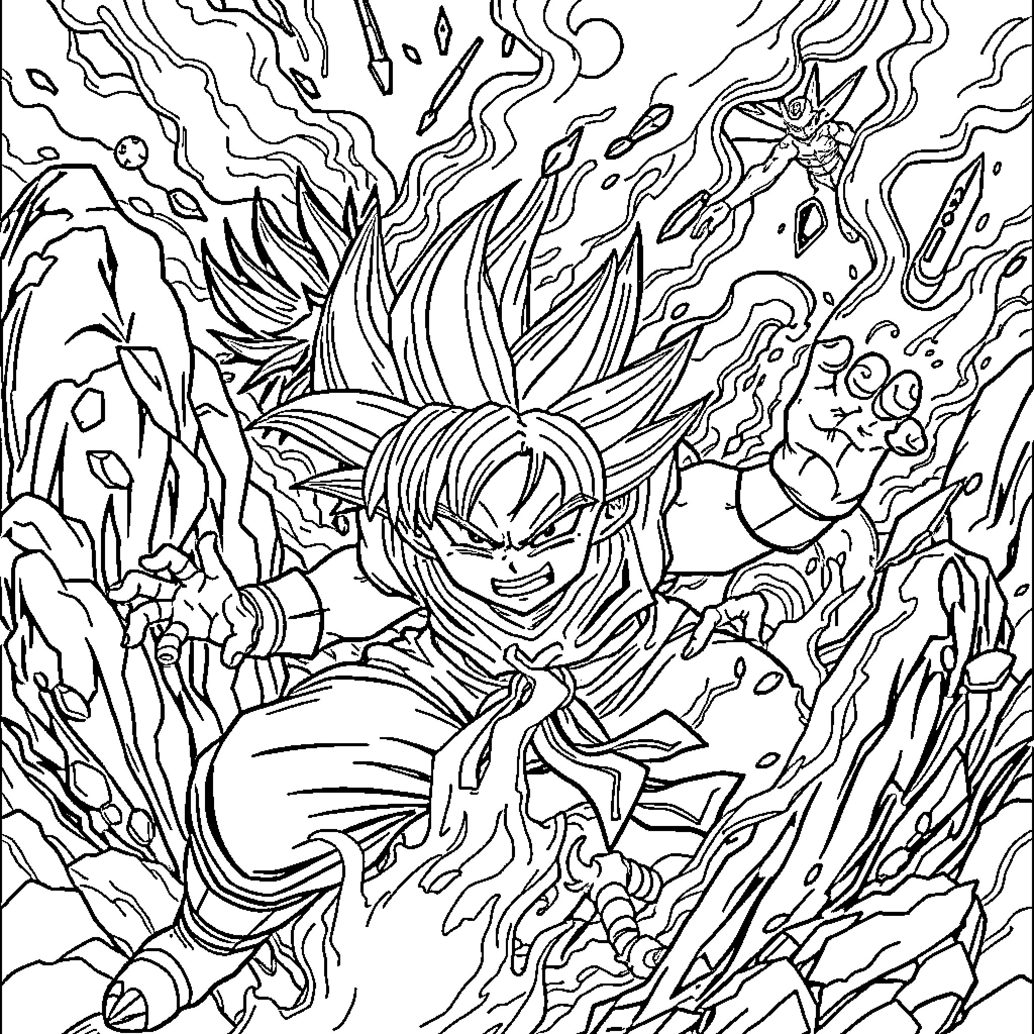 Dragon Ball - Warrior Unleashing Intense Energy Burst Coloring Page (free black-and-white line drawing printable PDF for all, from beginners to advanced learners, including children, teens, adults, and seniors)