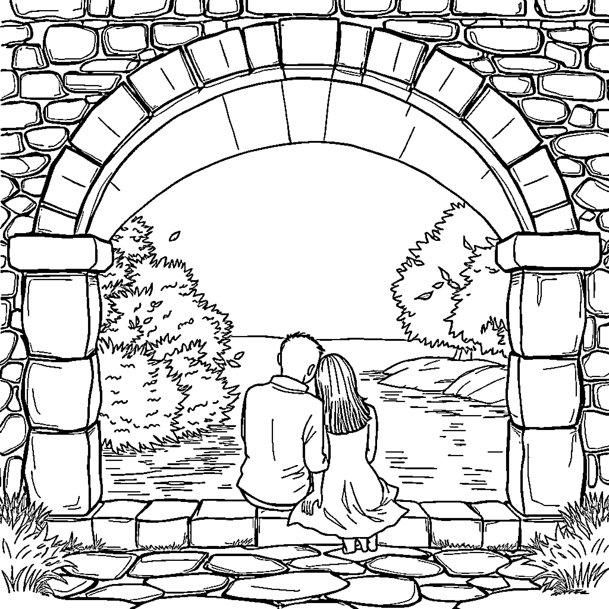 Couple enjoying peaceful moment in stone arch Coloring Page (free black-and-white line drawing printable PDF for all, from beginners to advanced learners, including children, teens, adults, and seniors)