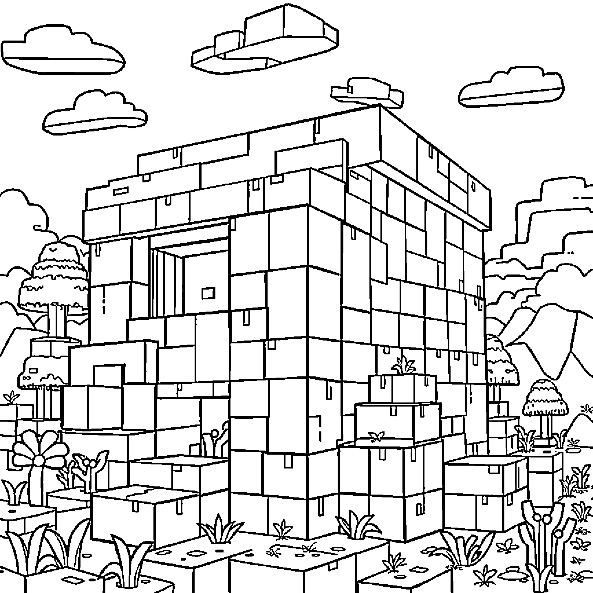 Minecraft Modern Architectural Building in Nature Landscape Coloring Page (free black-and-white line drawing printable PDF for all, from beginners to advanced learners, including children, teens, adults, and seniors)