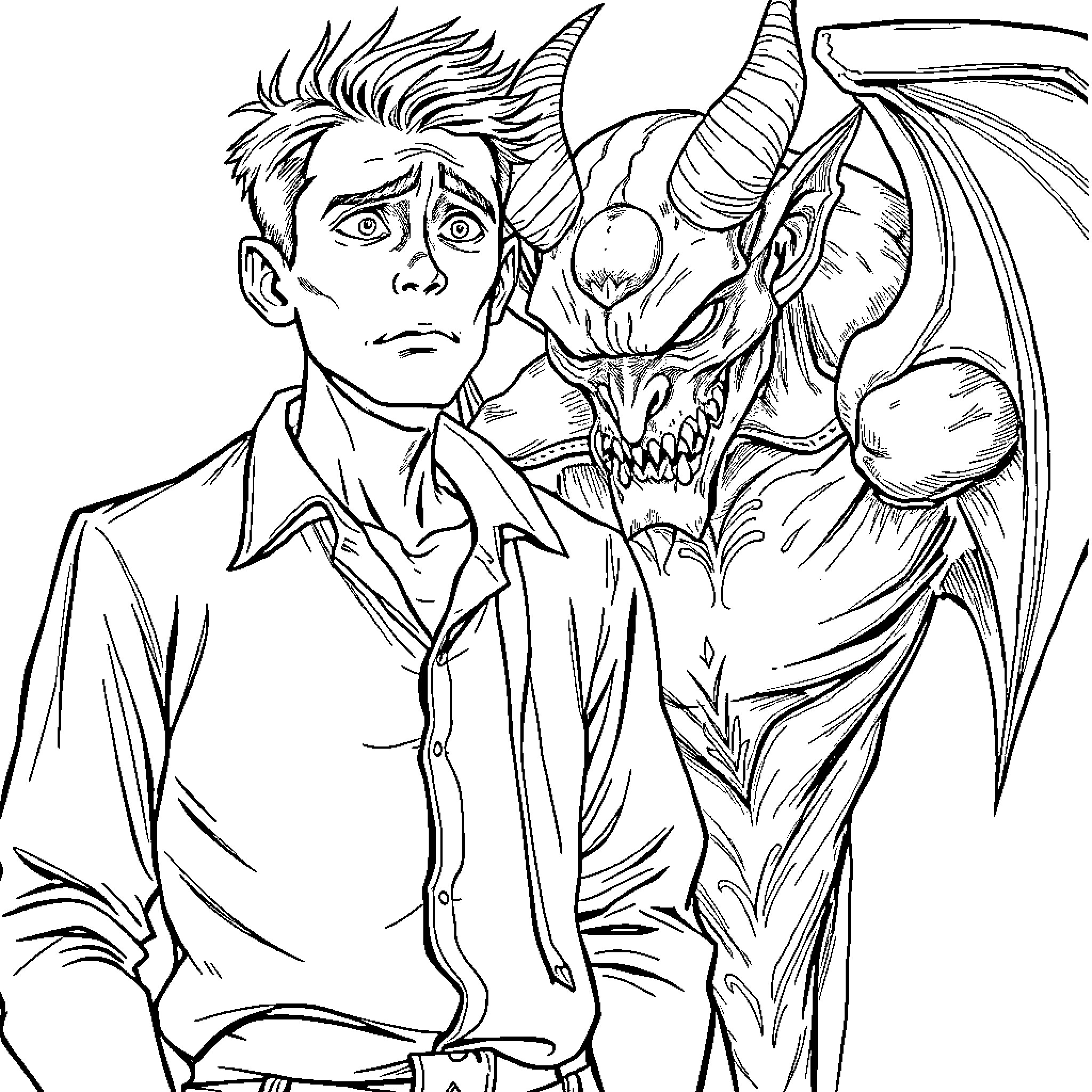 Guy confronted by a fierce demonic creature Coloring Page (free black-and-white line drawing printable PDF for all, from beginners to advanced learners, including children, teens, adults, and seniors)