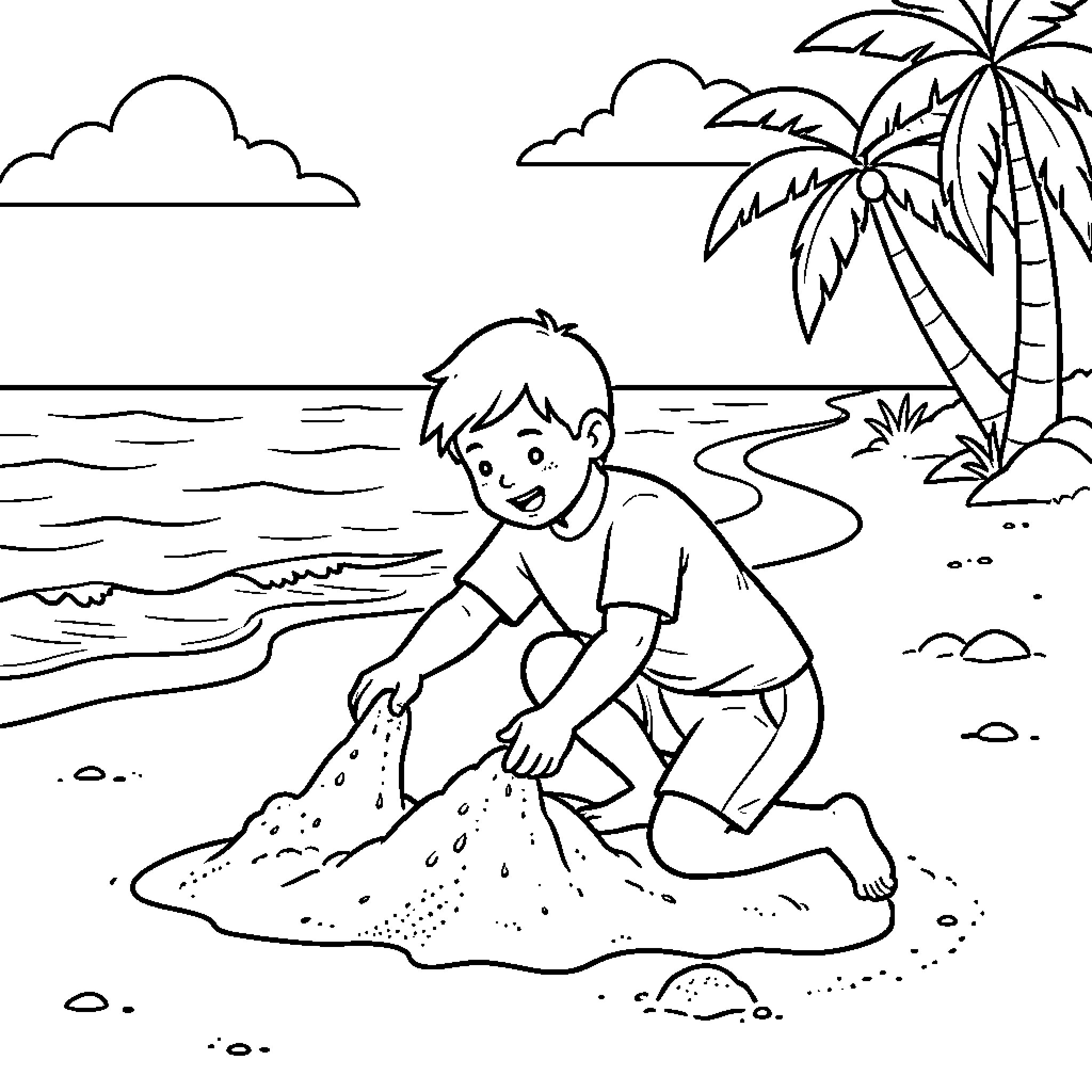Macha boy playing happily with sand on the beach Coloring Page (free black-and-white line drawing printable PDF for all, from beginners to advanced learners, including children, teens, adults, and seniors)