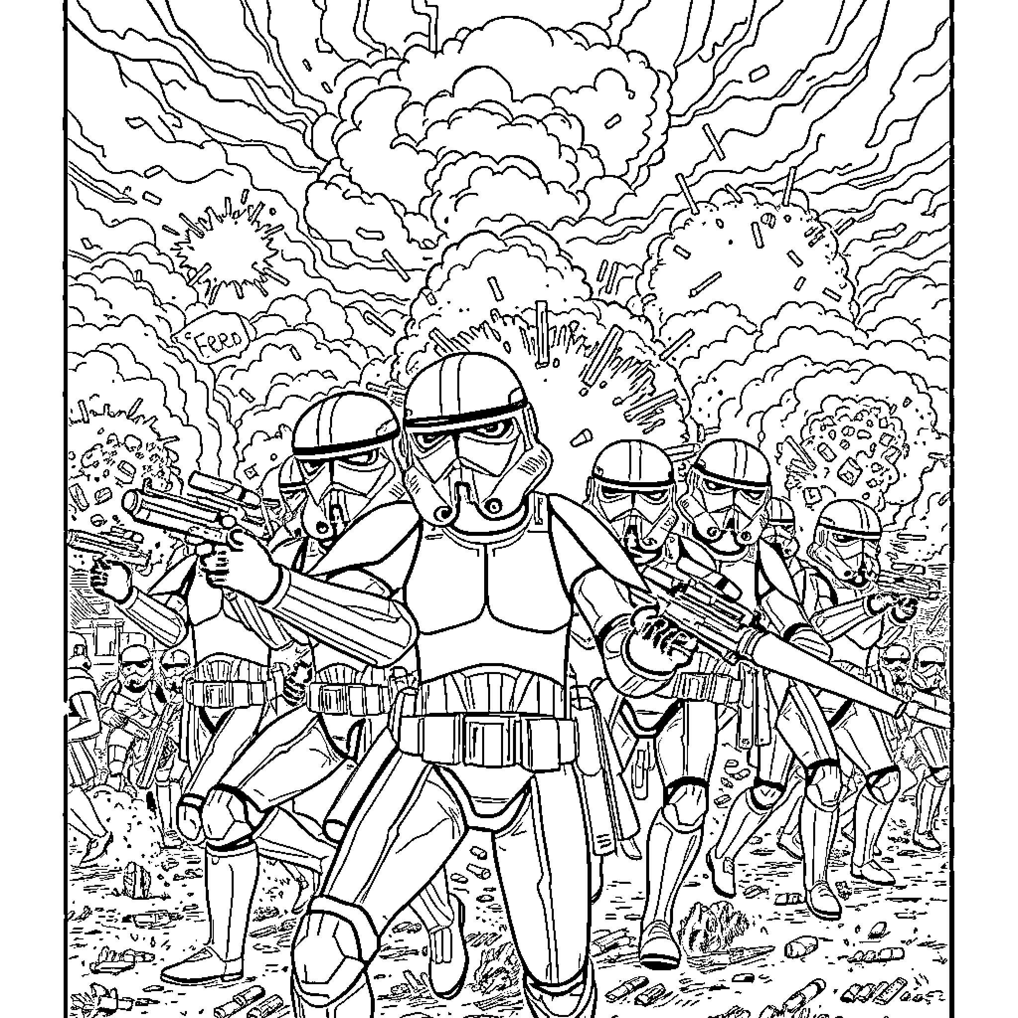 Clonetrooper squad in the midst of battle Coloring Page (free black-and-white line drawing printable PDF for all, from beginners to advanced learners, including children, teens, adults, and seniors)