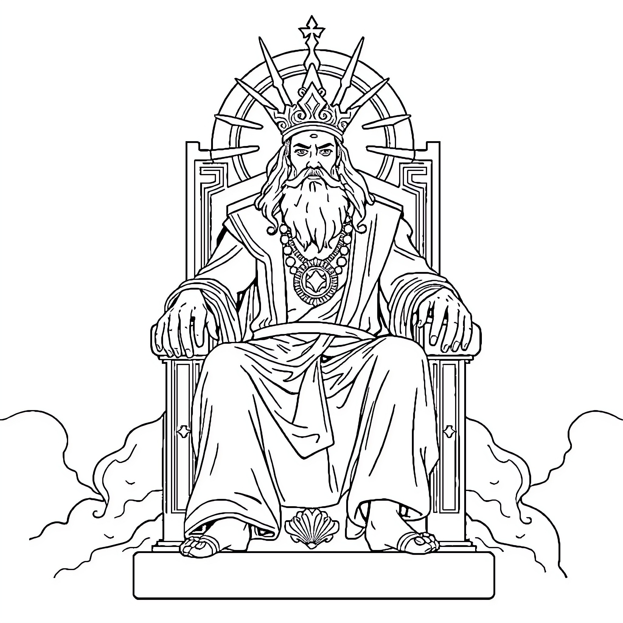 God of Wisdom Seated on Throne with Celestial Elements Coloring Page (free black-and-white line drawing printable PDF for all, from beginners to advanced learners, including children, teens, adults, and seniors)