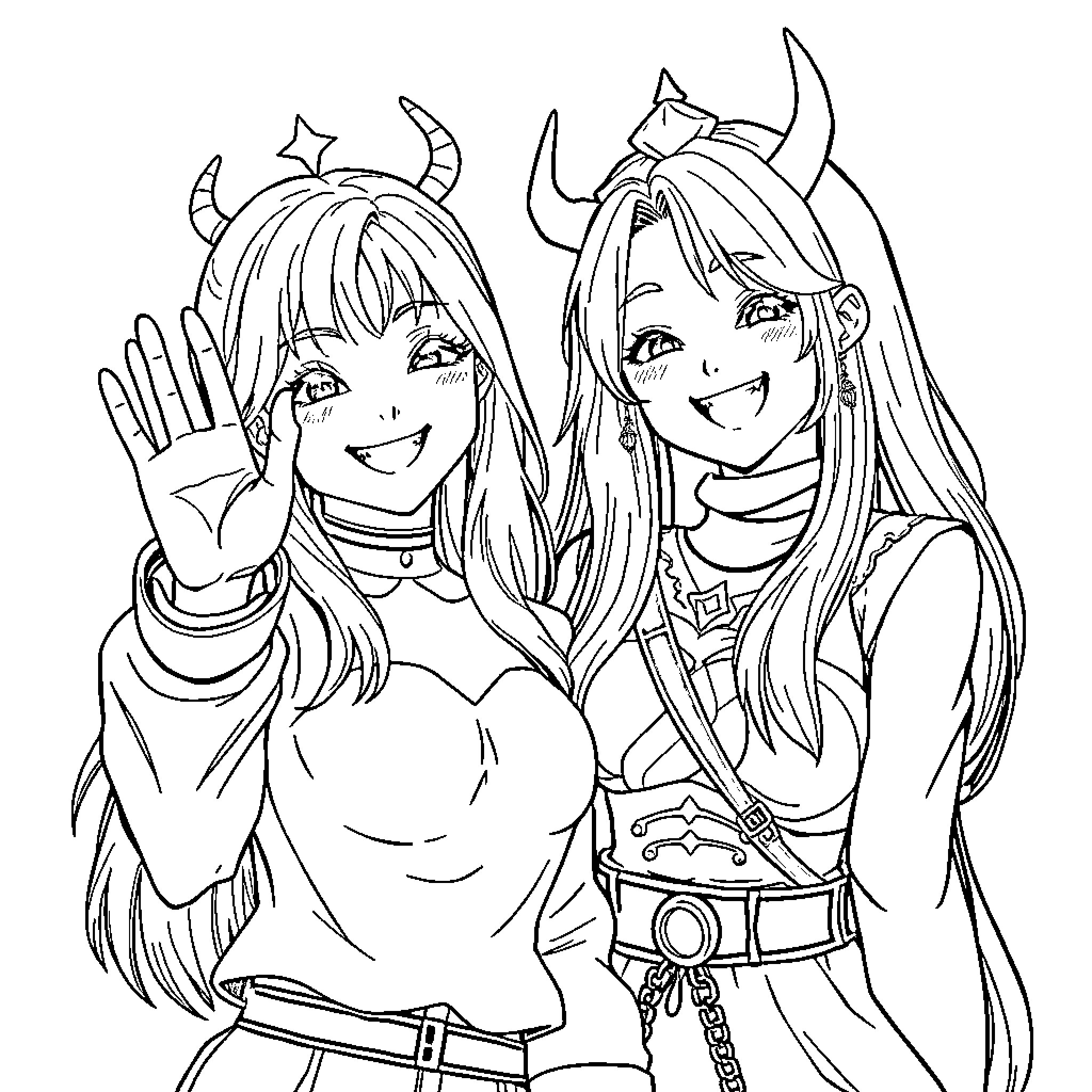 Rumi's Devilish Delight: Whimsical Anime Duo Coloring Page (free black-and-white line drawing printable PDF for all, from beginners to advanced learners, including children, teens, adults, and seniors)