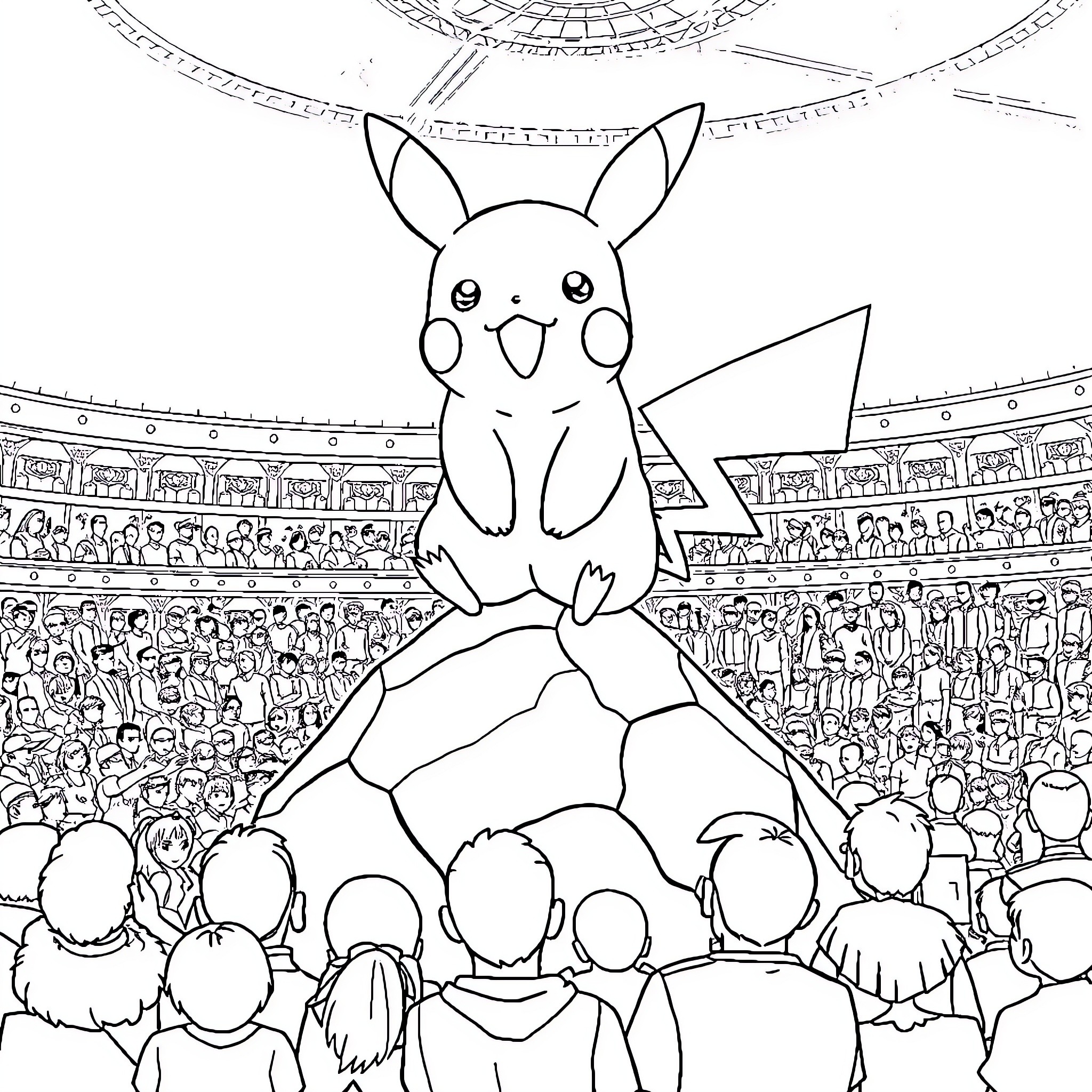 Pikachu performing in a crowded stadium Coloring Page (free black-and-white line drawing printable PDF for all, from beginners to advanced learners, including children, teens, adults, and seniors)