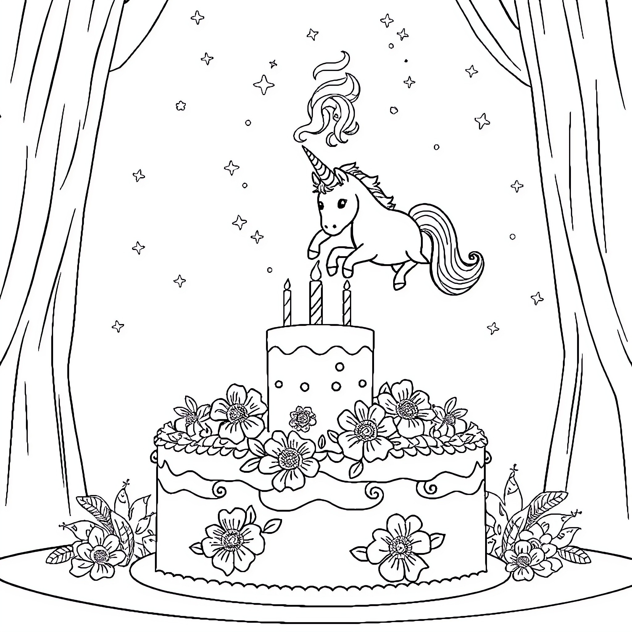 Unicorn Celebrating with Cake and Flowers Coloring Page (free black-and-white line drawing printable PDF for all, from beginners to advanced learners, including children, teens, adults, and seniors)