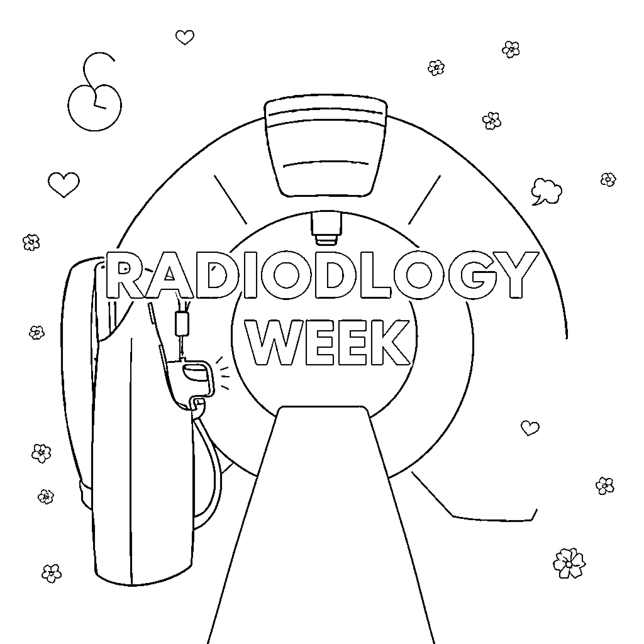 Radiology Week Celebration with Medical Equipment Coloring Page (free black-and-white line drawing printable PDF for all, from beginners to advanced learners, including children, teens, adults, and seniors)