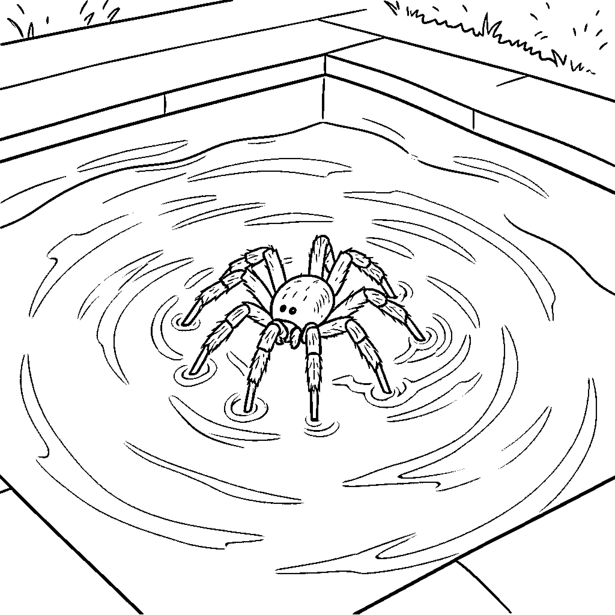 Spider scurrying across the floor Coloring Page (free black-and-white line drawing printable PDF for all, from beginners to advanced learners, including children, teens, adults, and seniors)