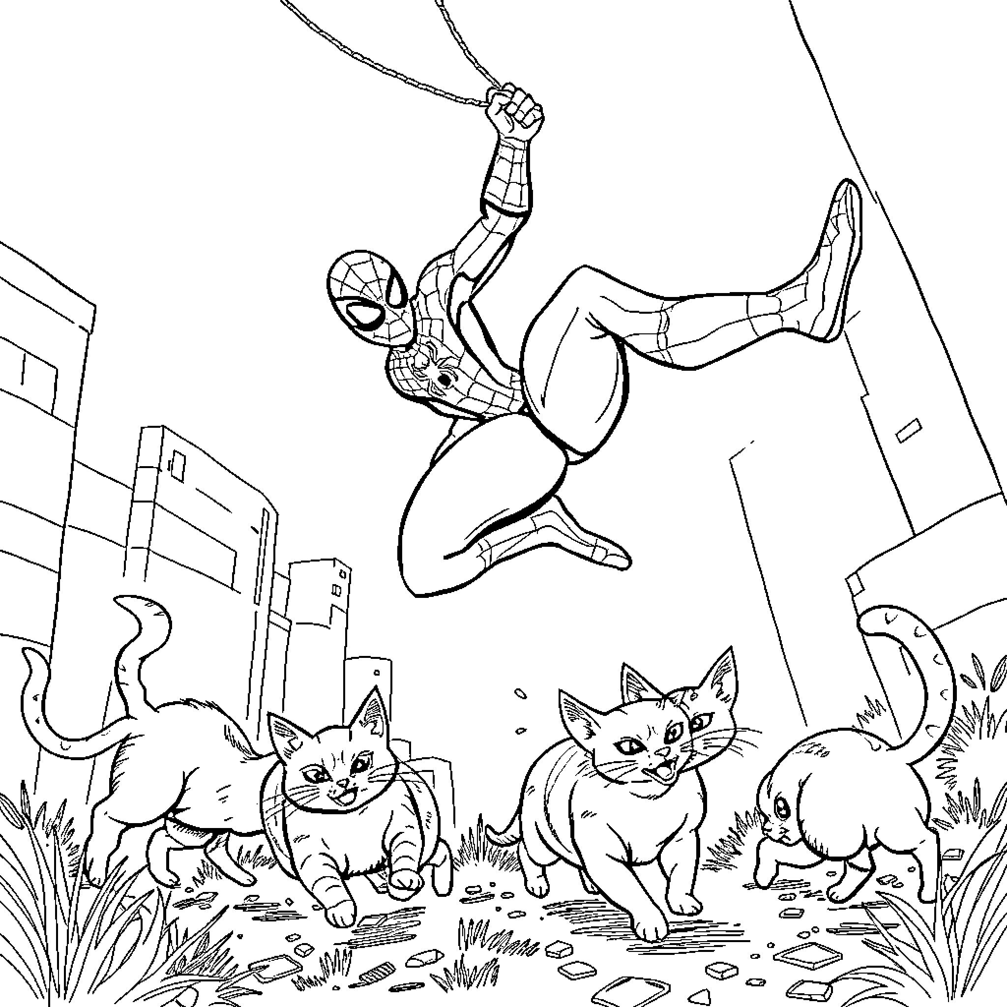 Spiderman swinging by cats in the city Coloring Page (free black-and-white line drawing printable PDF for all, from beginners to advanced learners, including children, teens, adults, and seniors)
