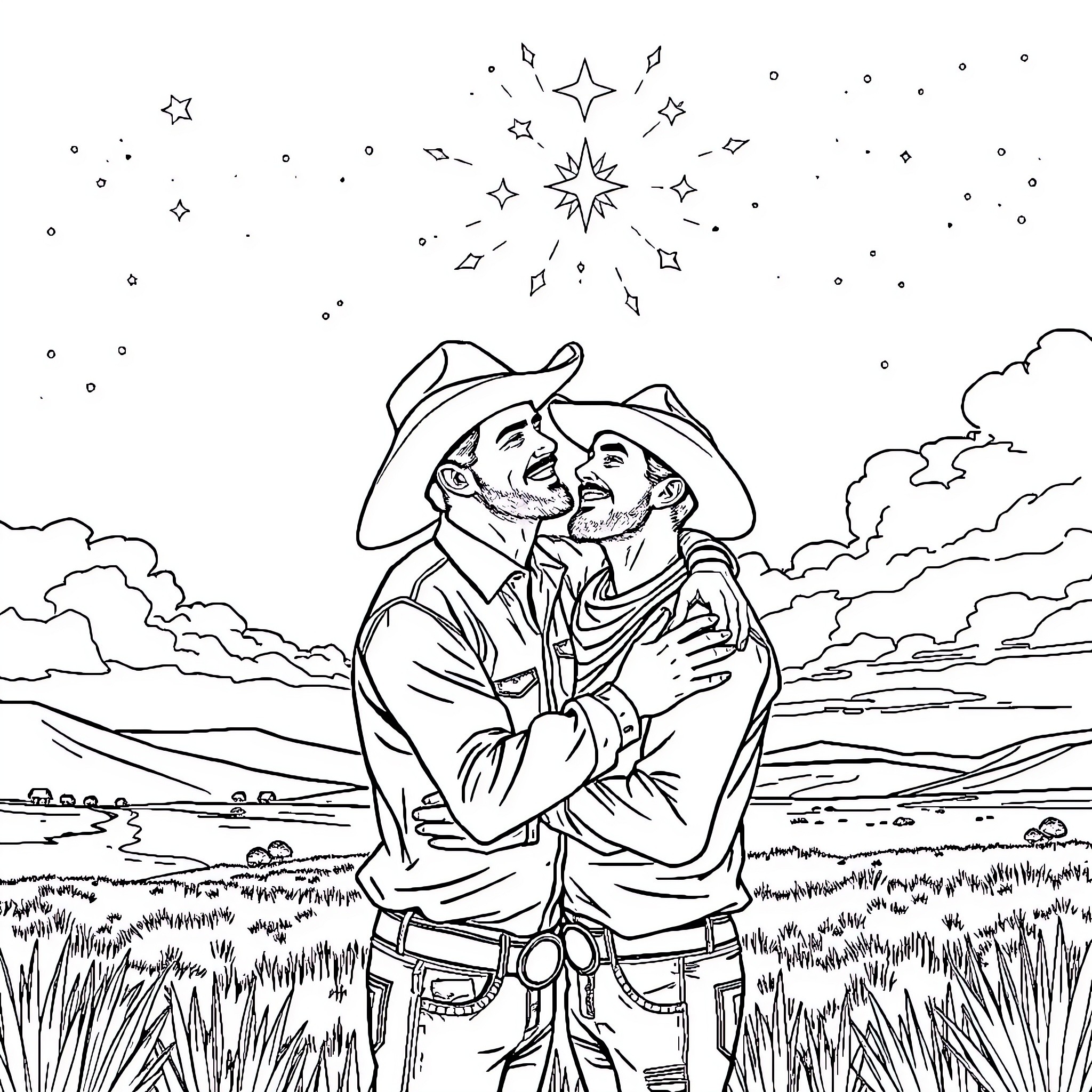 Cowboy friends embrace under starry night sky Coloring Page (free black-and-white line drawing printable PDF for all, from beginners to advanced learners, including children, teens, adults, and seniors)