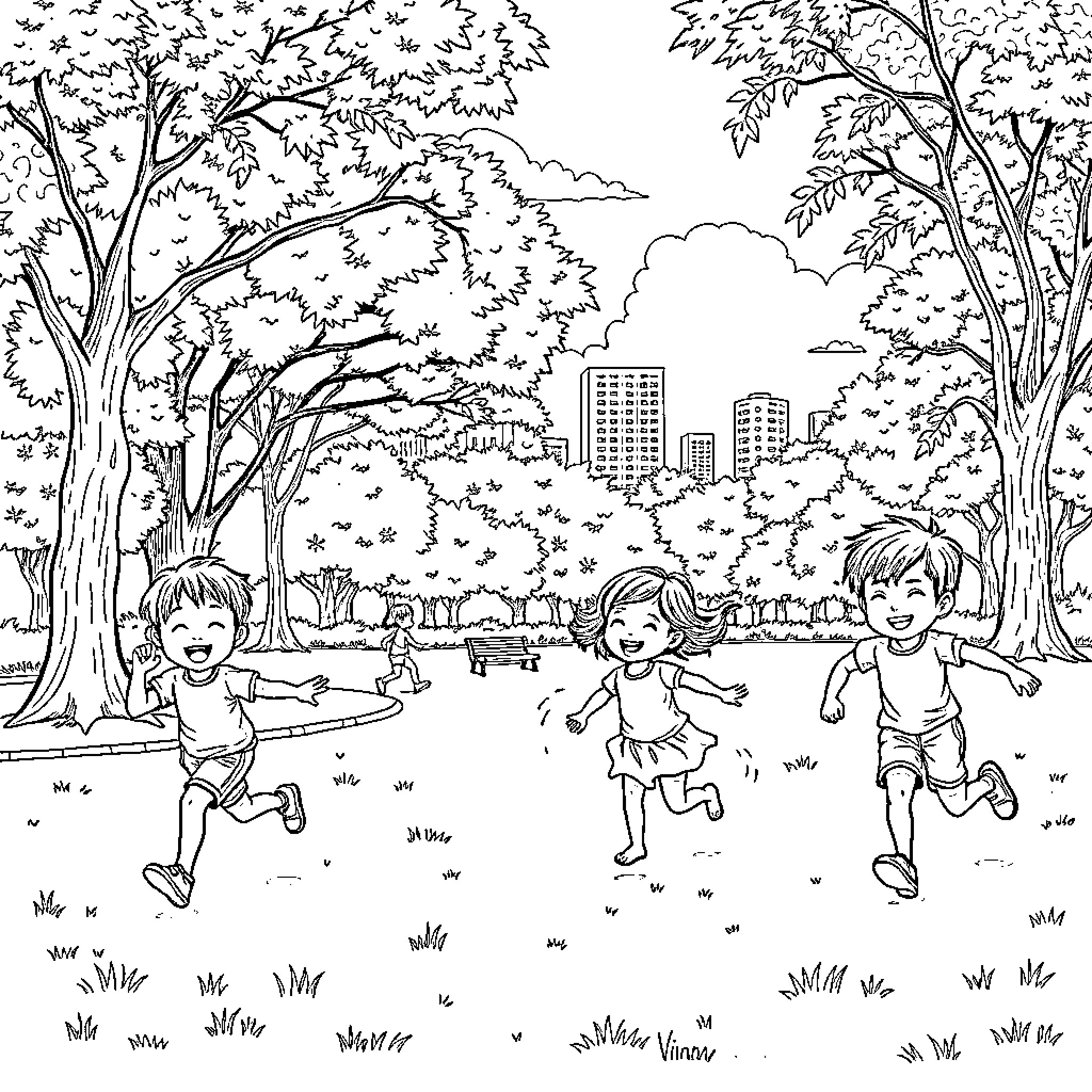 Kid playing happily in scenic park Coloring Page (free black-and-white line drawing printable PDF for all, from beginners to advanced learners, including children, teens, adults, and seniors)