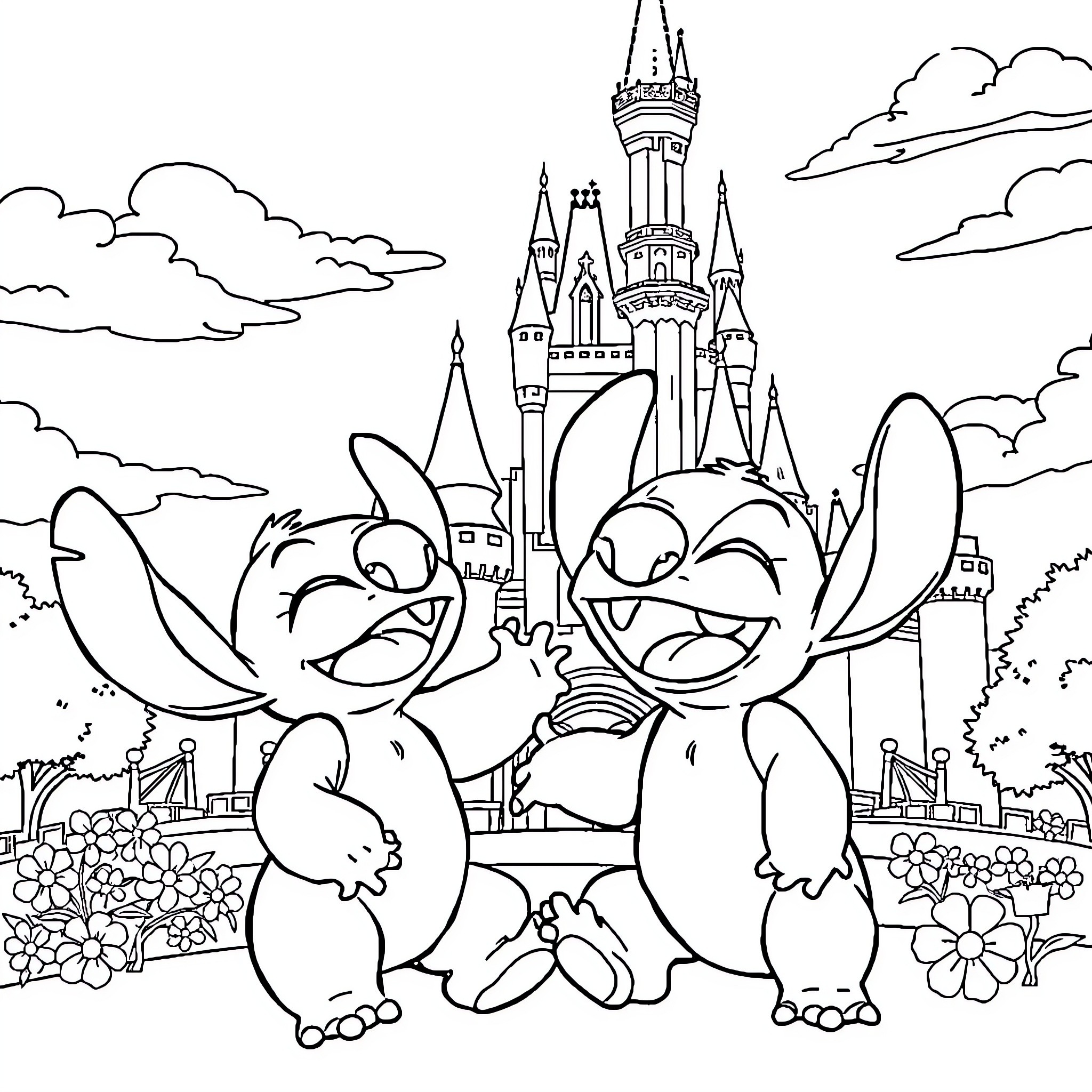 Bluey and Bingo Exploring the Disney Castle Coloring Page (free black-and-white line drawing printable PDF for all, from beginners to advanced learners, including children, teens, adults, and seniors)