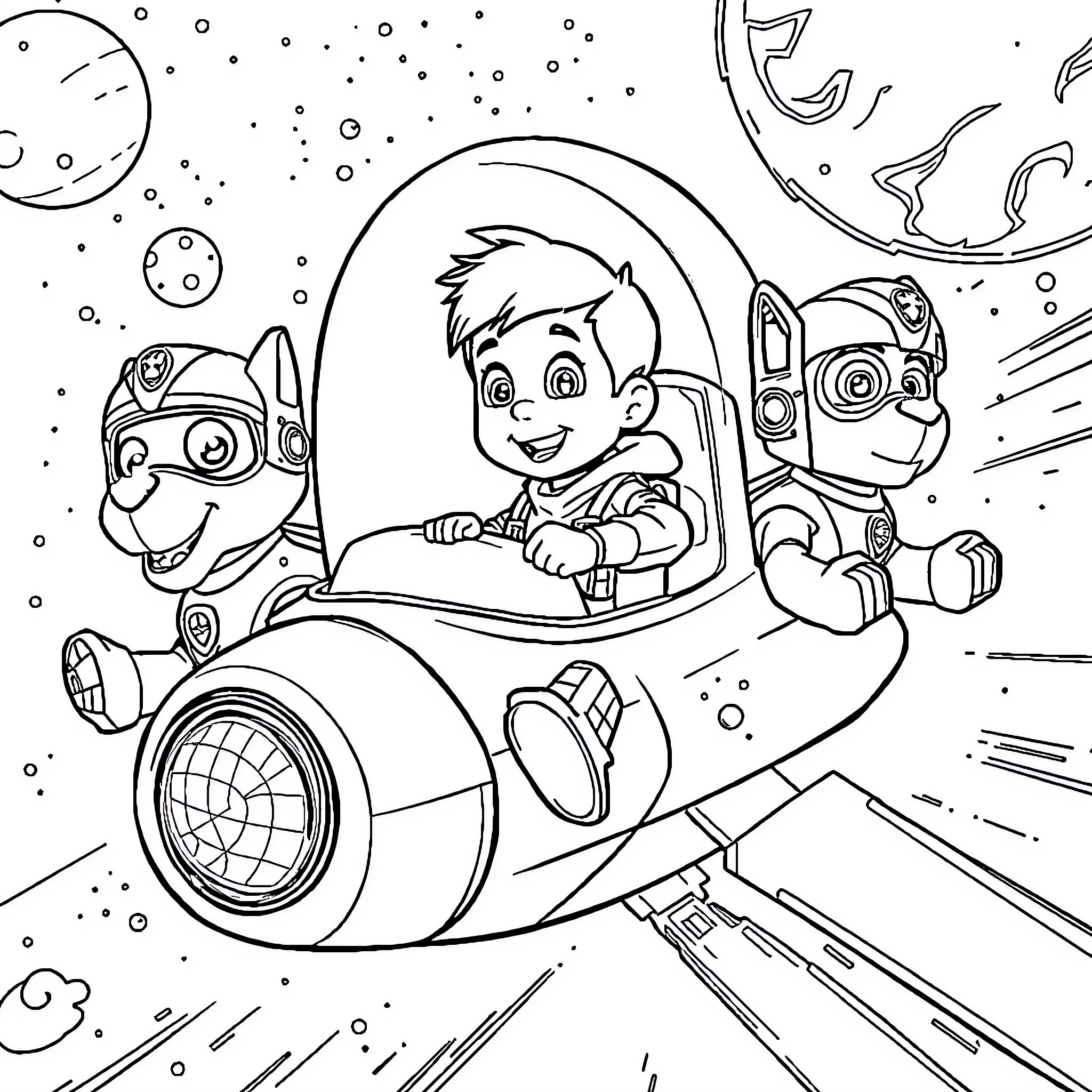 Niño exploring the galaxy with robot companions Coloring Page (free black-and-white line drawing printable PDF for all, from beginners to advanced learners, including children, teens, adults, and seniors)