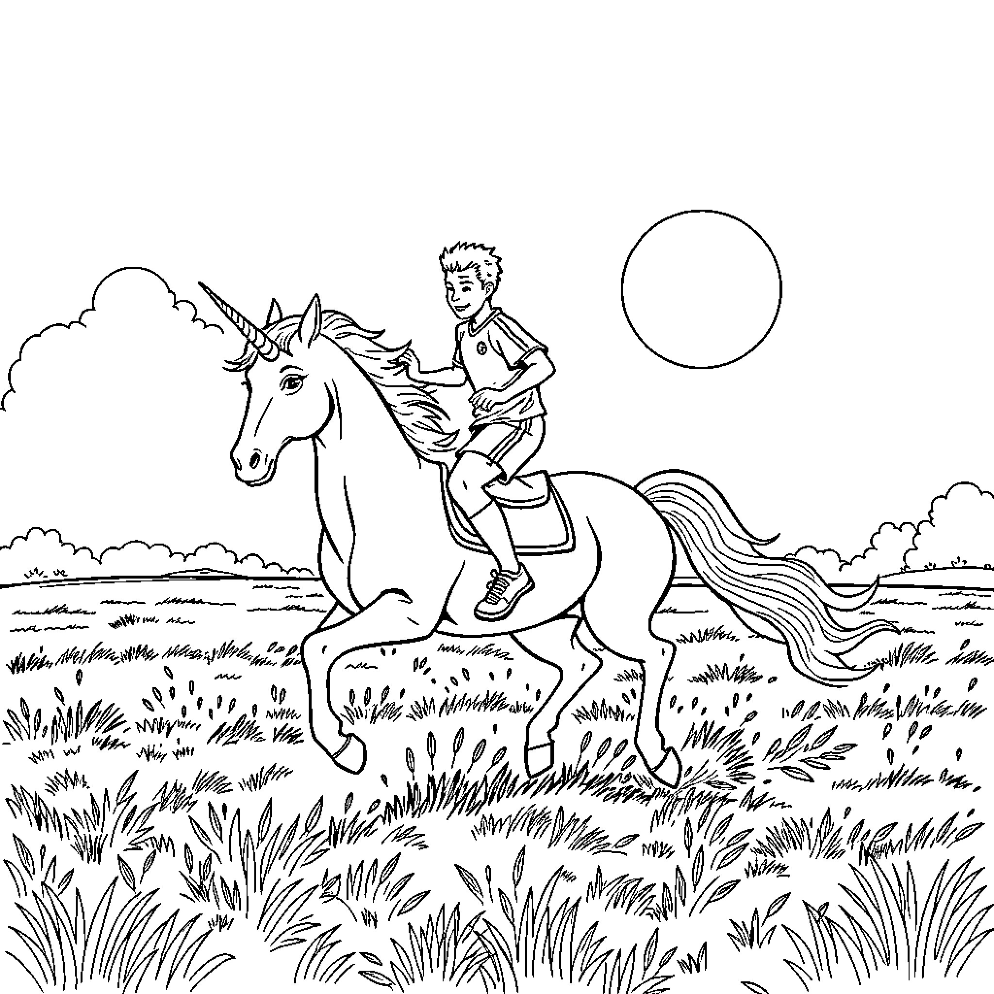 Soccer Player Riding Unicorn in Grassy Field Coloring Page (free black-and-white line drawing printable PDF for all, from beginners to advanced learners, including children, teens, adults, and seniors)
