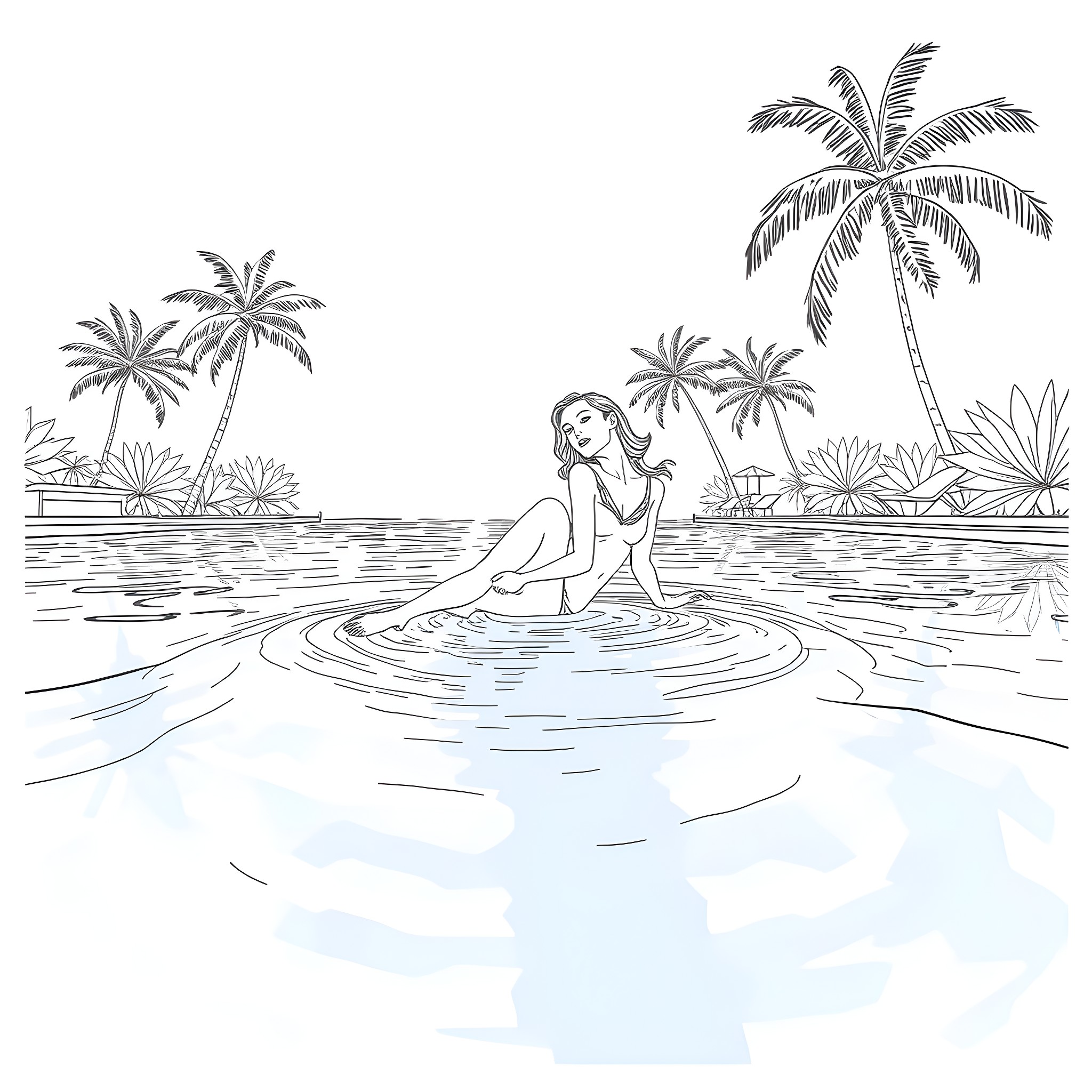 Woman relaxing in a tropical paradise Coloring Page (free black-and-white line drawing printable PDF for all, from beginners to advanced learners, including children, teens, adults, and seniors)