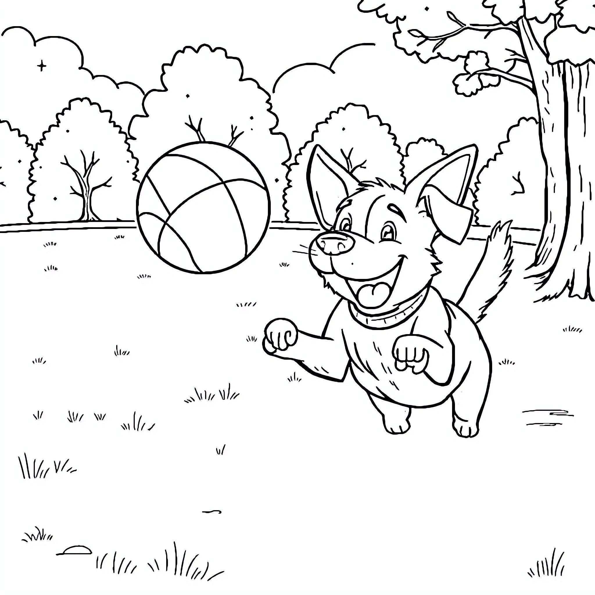 Dog playing joyfully with a ball in the park Coloring Page (free black-and-white line drawing printable PDF for all, from beginners to advanced learners, including children, teens, adults, and seniors)