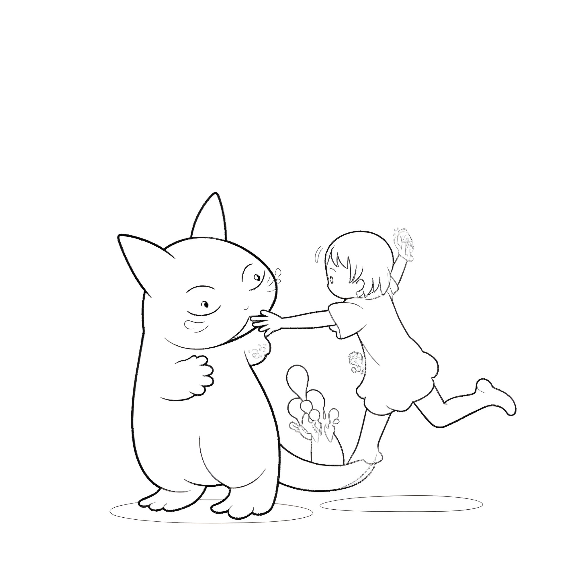 Gengar playing with a young child Coloring Page (free black-and-white line drawing printable PDF for all, from beginners to advanced learners, including children, teens, adults, and seniors)