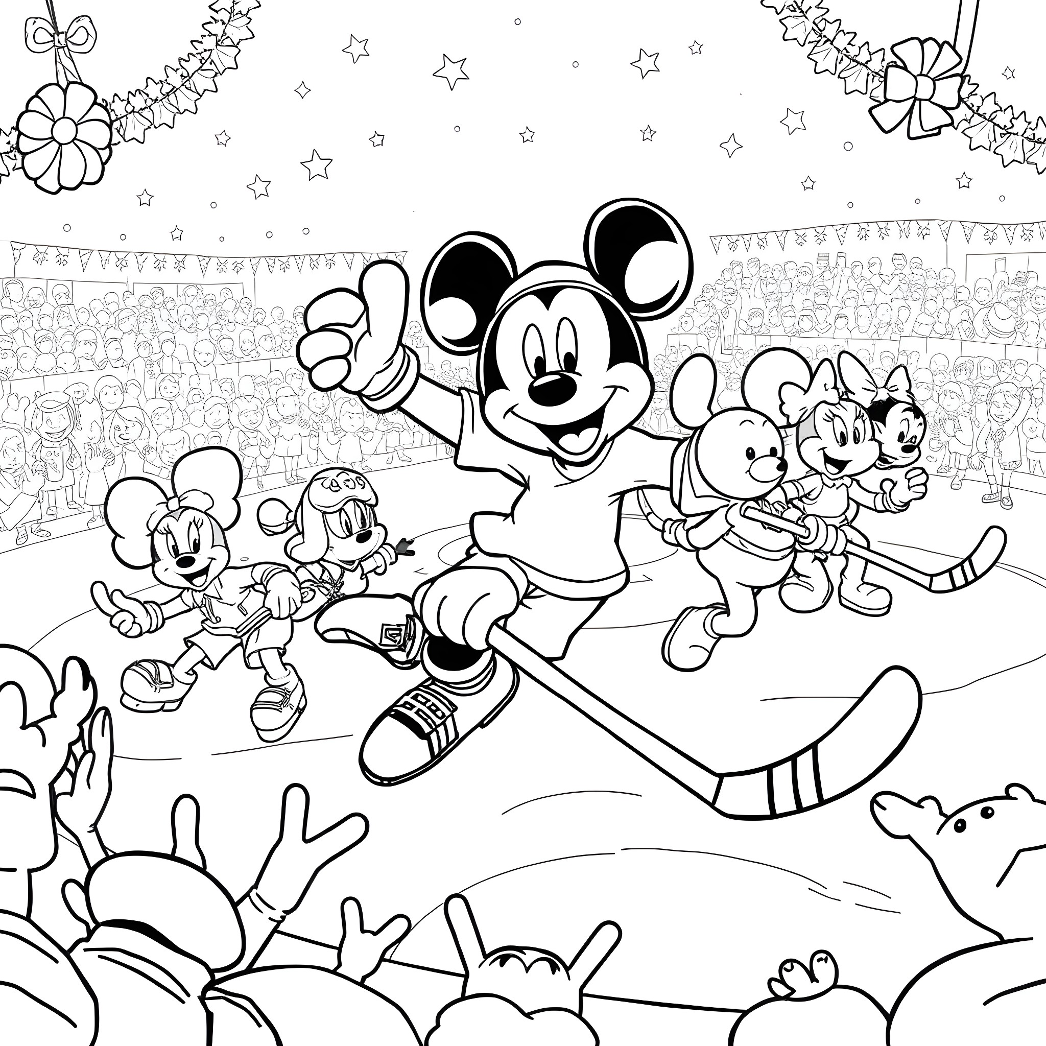 Encanto characters celebrating in a festive parade Coloring Page (free black-and-white line drawing printable PDF for all, from beginners to advanced learners, including children, teens, adults, and seniors)