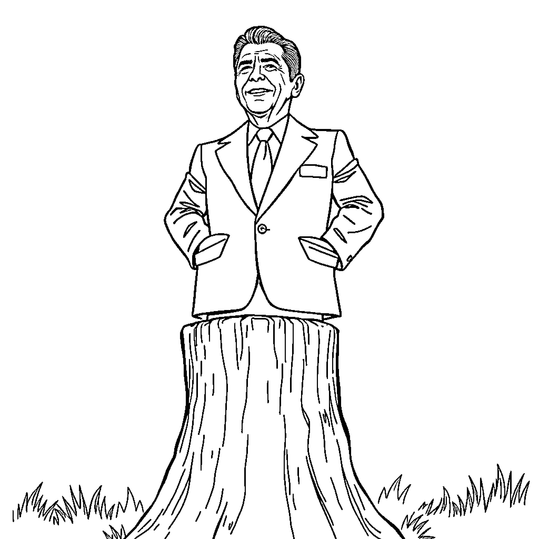 Ronald Reagan Smiling Confidently in Suit Coloring Page (free black-and-white line drawing printable PDF for all, from beginners to advanced learners, including children, teens, adults, and seniors)