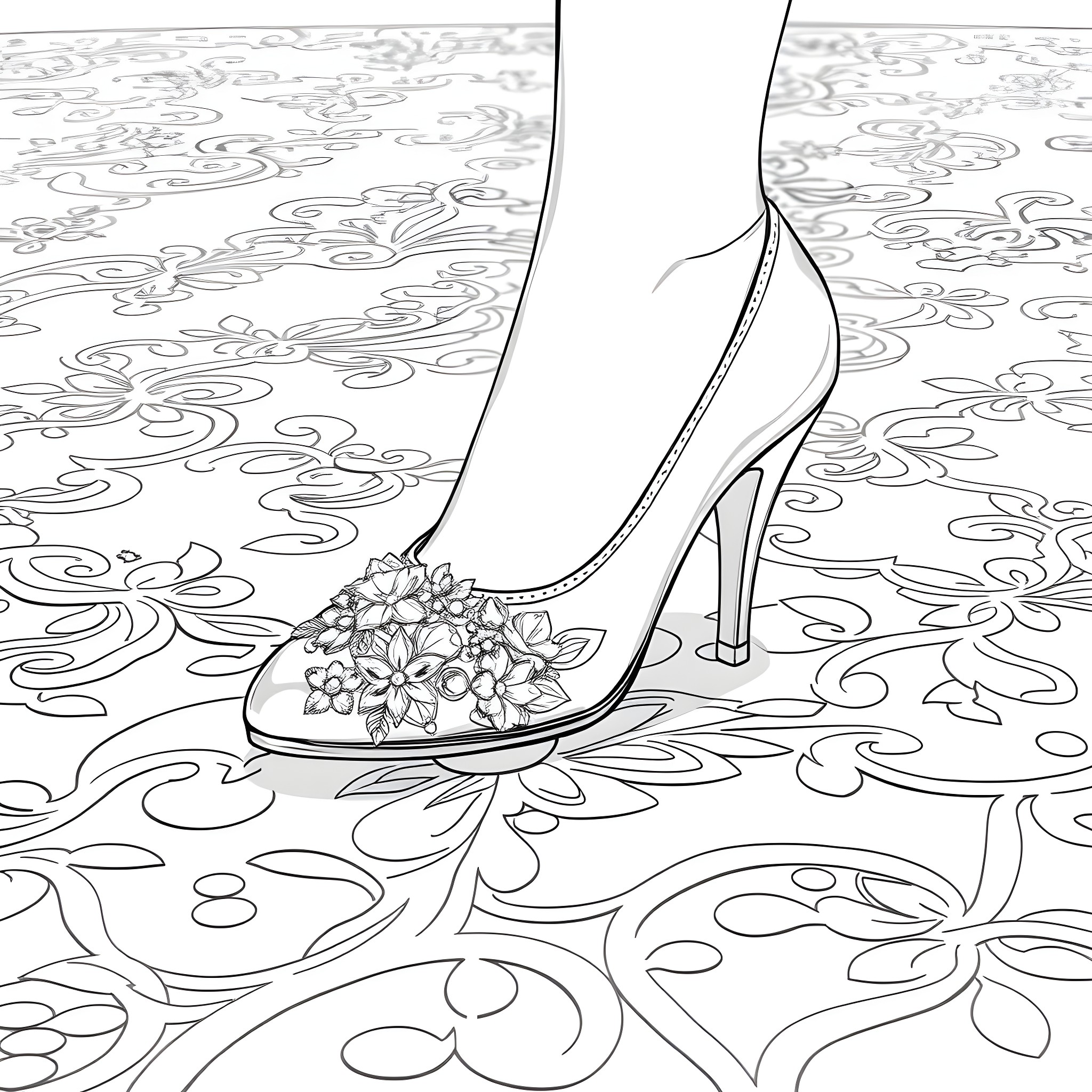 Cinderella's glass slipper adorned with flowers Coloring Page (free black-and-white line drawing printable PDF for all, from beginners to advanced learners, including children, teens, adults, and seniors)
