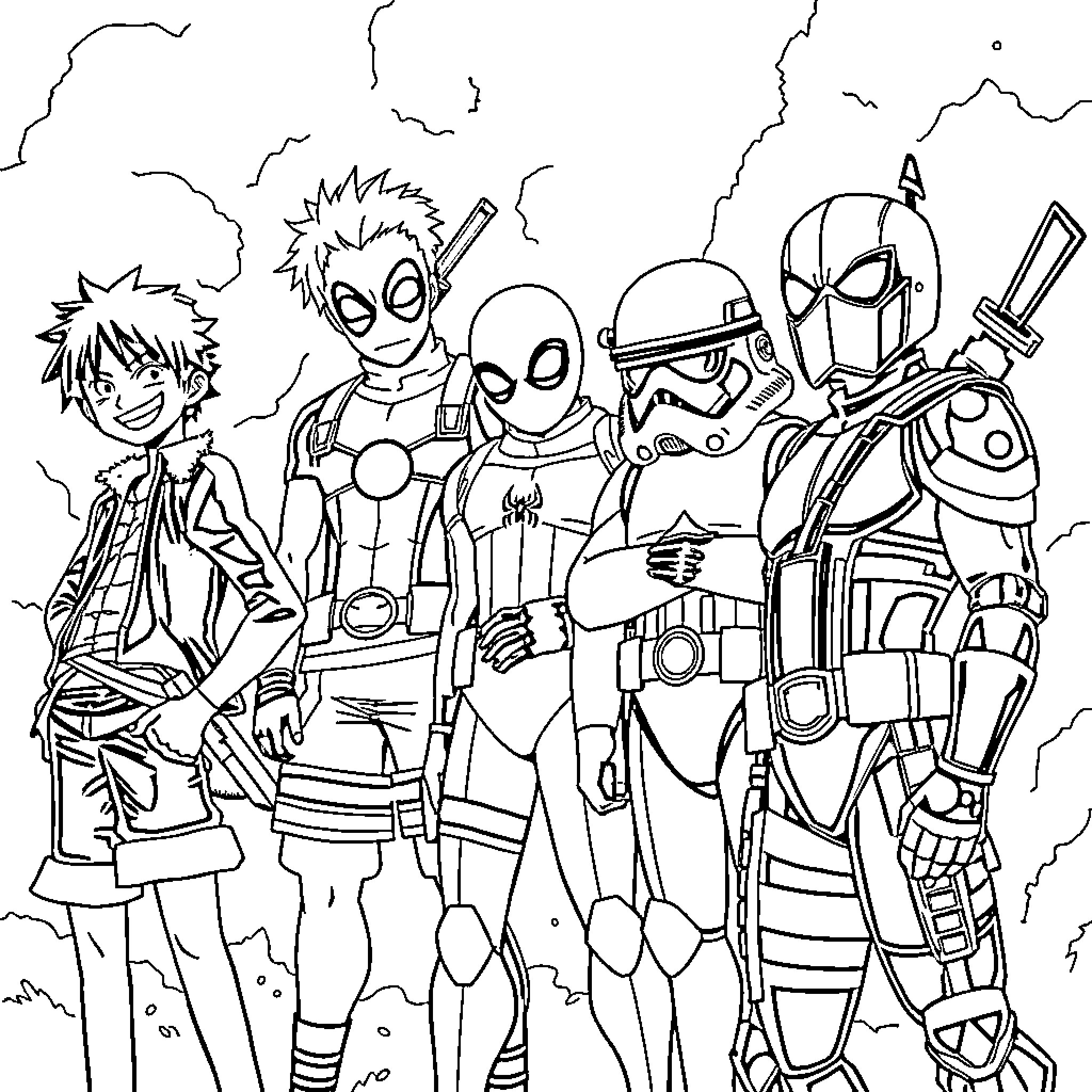 Character Assemble of Heroic Figures in Action Poses Coloring Page (free black-and-white line drawing printable PDF for all, from beginners to advanced learners, including children, teens, adults, and seniors)