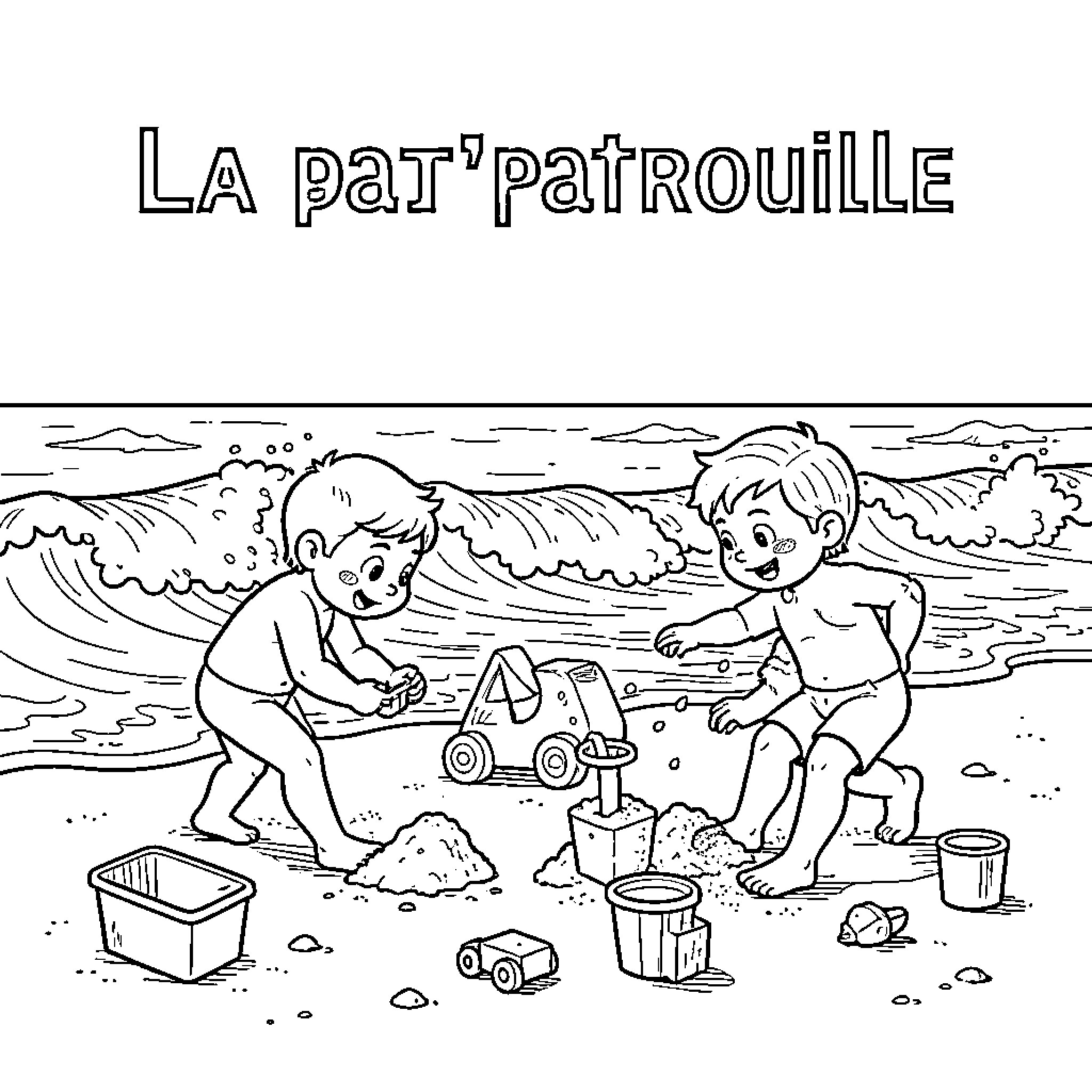 Paw Patrol children playing with sand toys at the beach Coloring Page (free black-and-white line drawing printable PDF for all, from beginners to advanced learners, including children, teens, adults, and seniors)