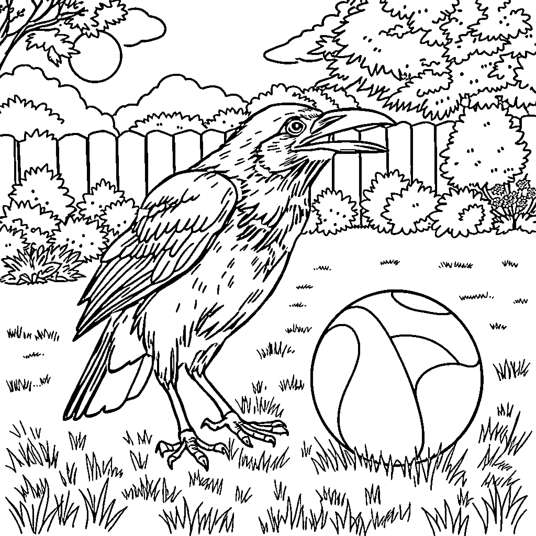 Raven playing with a ball in the forest Coloring Page (free black-and-white line drawing printable PDF for all, from beginners to advanced learners, including children, teens, adults, and seniors)