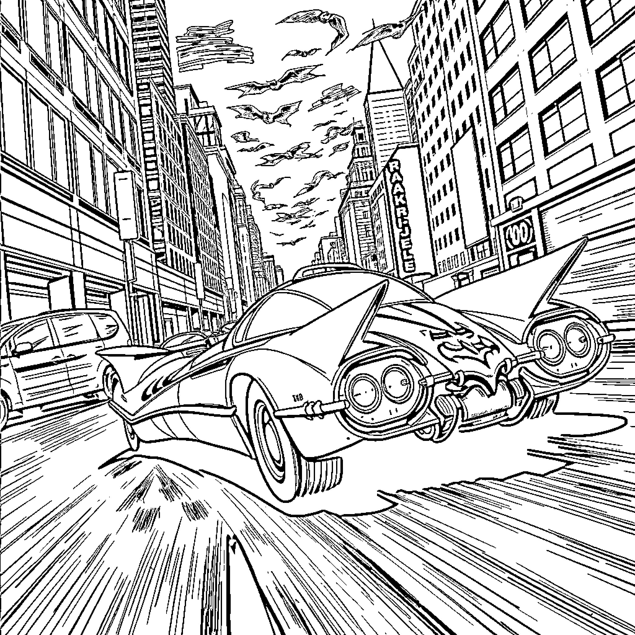 Batmobile speeding through the city streets Coloring Page (free black-and-white line drawing printable PDF for all, from beginners to advanced learners, including children, teens, adults, and seniors)