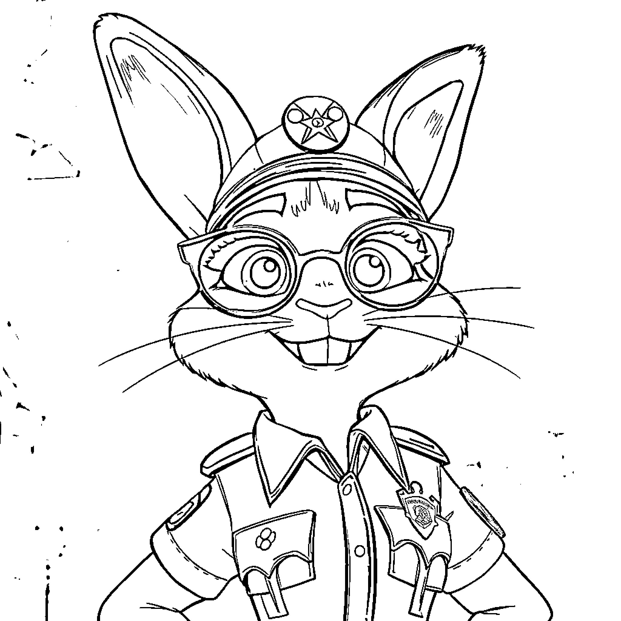 Judy the Playful Police Officer Bunny Coloring Page (free black-and-white line drawing printable PDF for all, from beginners to advanced learners, including children, teens, adults, and seniors)