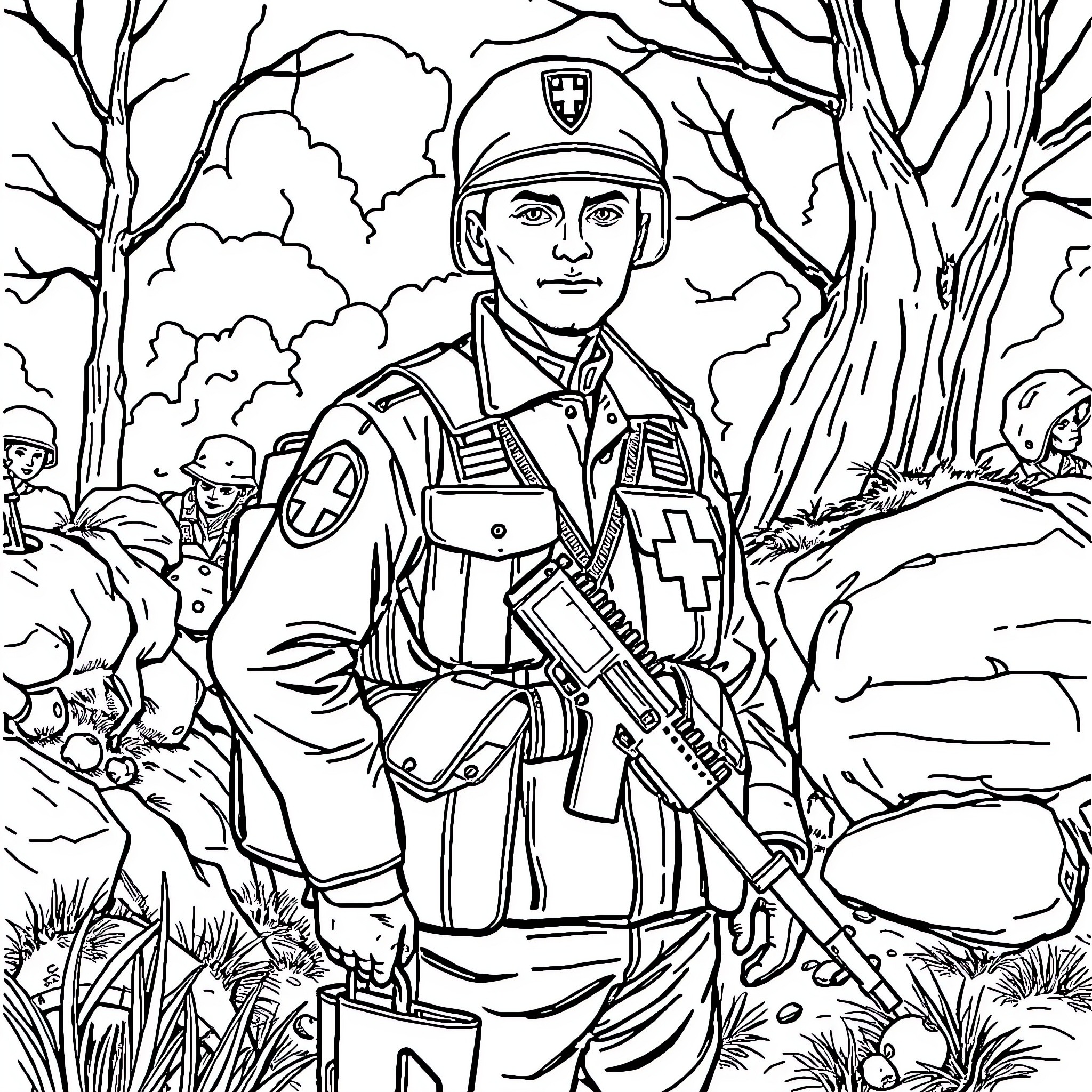 Soldier in military outfit leading a squad through the wilderness Coloring Page (free black-and-white line drawing printable PDF for all, from beginners to advanced learners, including children, teens, adults, and seniors)