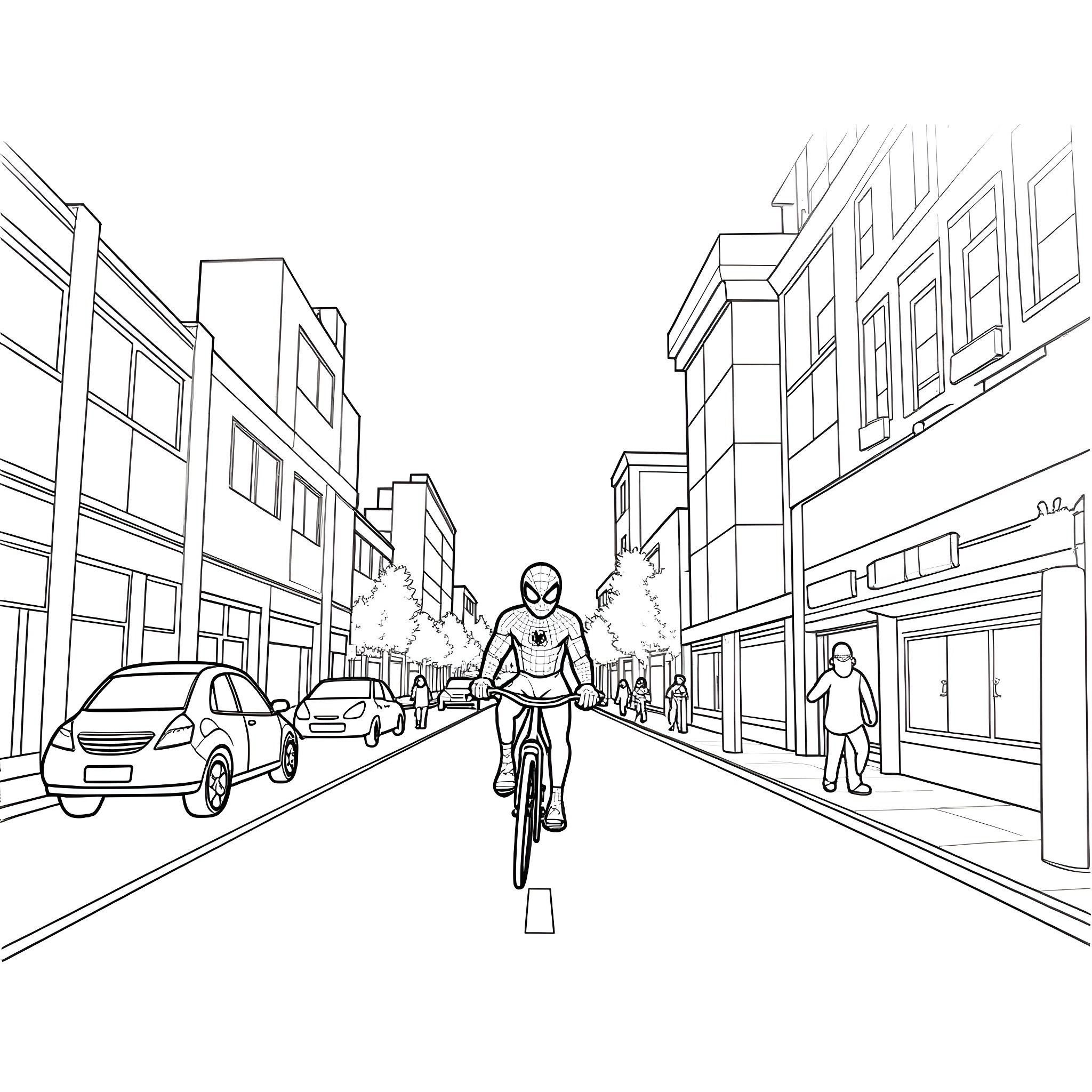 Spiderman riding a bicycle through the city streets Coloring Page (free black-and-white line drawing printable PDF for all, from beginners to advanced learners, including children, teens, adults, and seniors)