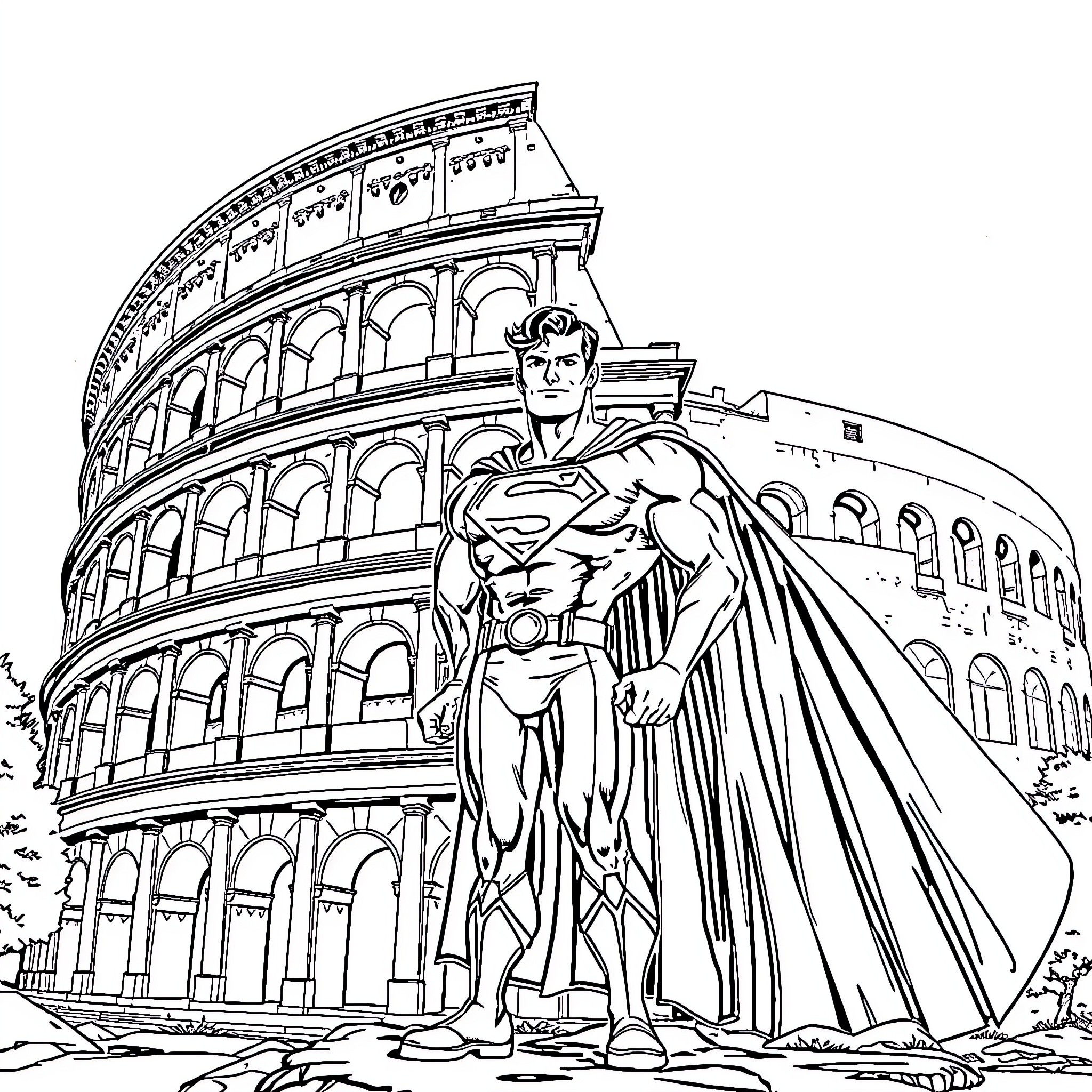 Superman standing heroically in front of the Colosseum Coloring Page (free black-and-white line drawing printable PDF for all, from beginners to advanced learners, including children, teens, adults, and seniors)