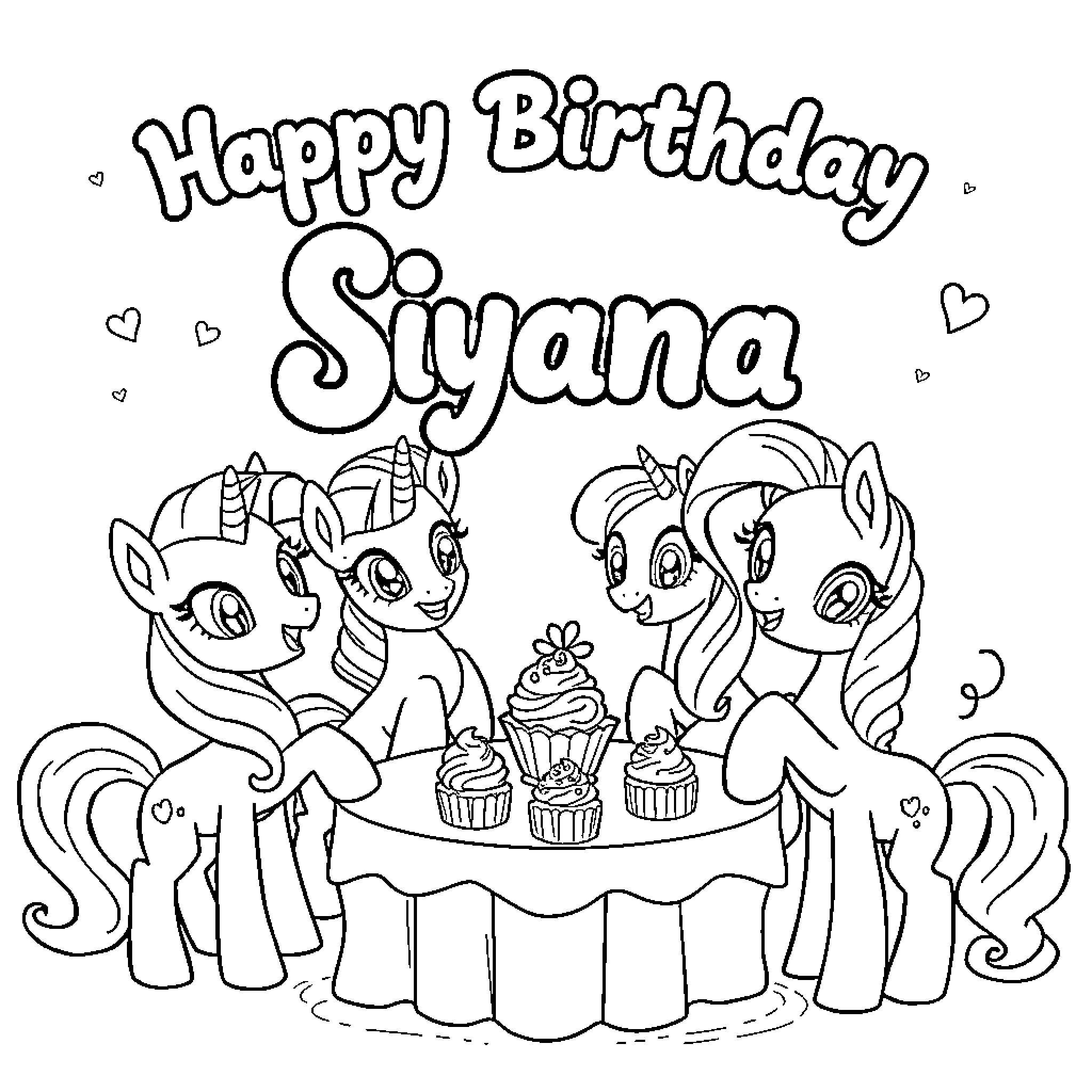 Pony friends celebrate Siyana's birthday with cupcakes Coloring Page (free black-and-white line drawing printable PDF for all, from beginners to advanced learners, including children, teens, adults, and seniors)