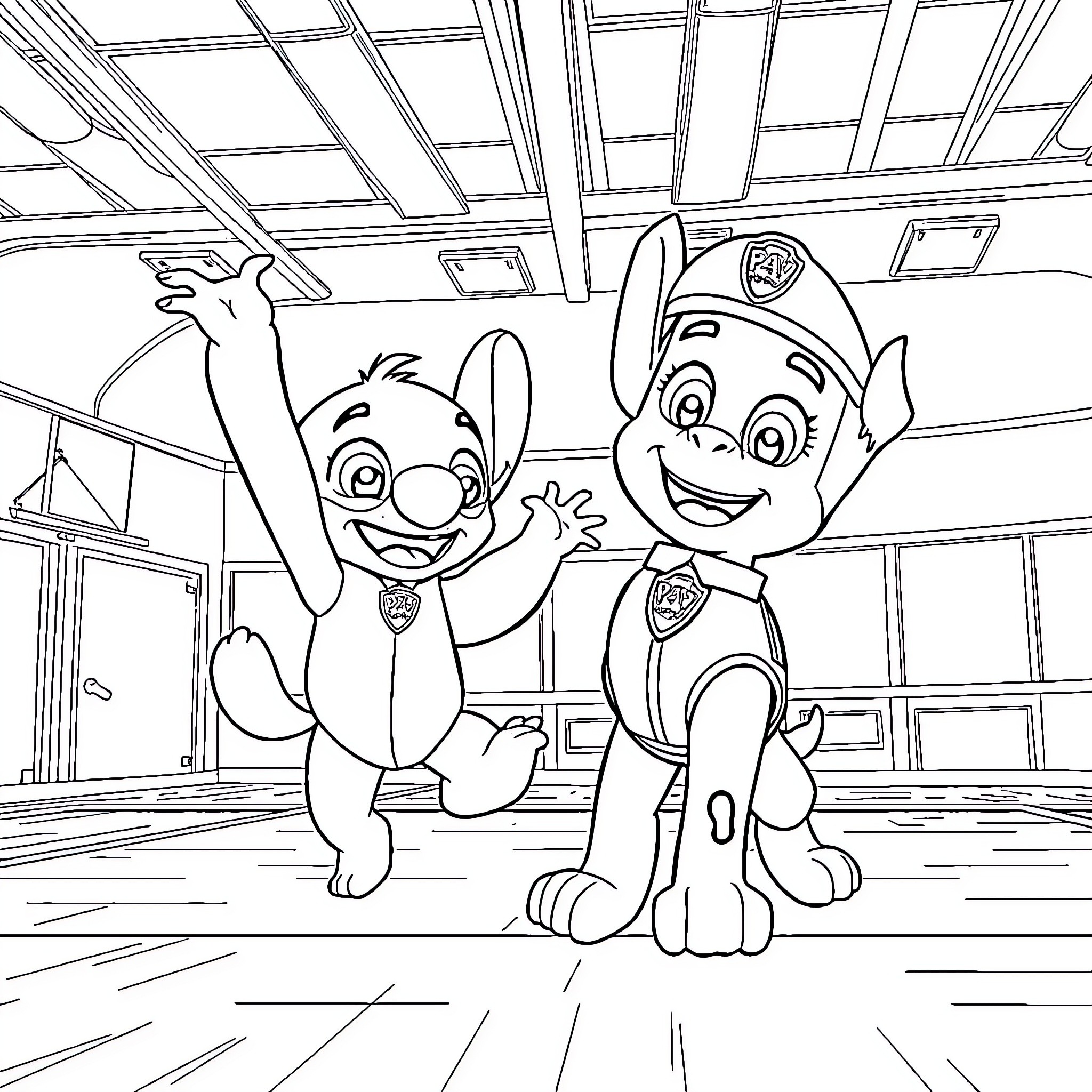 Chase of the Paw Patrol characters Coloring Page (free black-and-white line drawing printable PDF for all, from beginners to advanced learners, including children, teens, adults, and seniors)