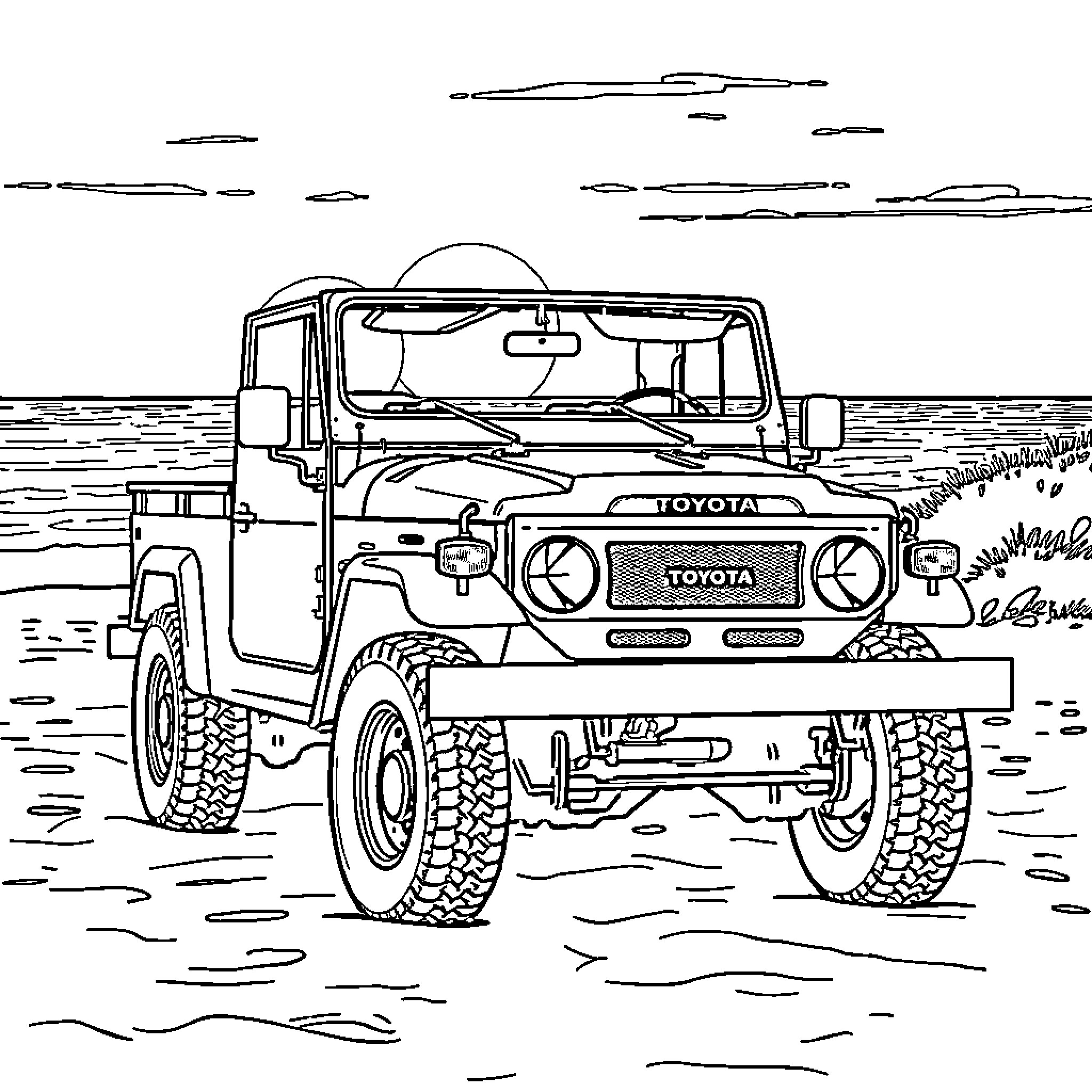 Toyota BJ40 off-road adventure in natural landscape Coloring Page (free black-and-white line drawing printable PDF for all, from beginners to advanced learners, including children, teens, adults, and seniors)