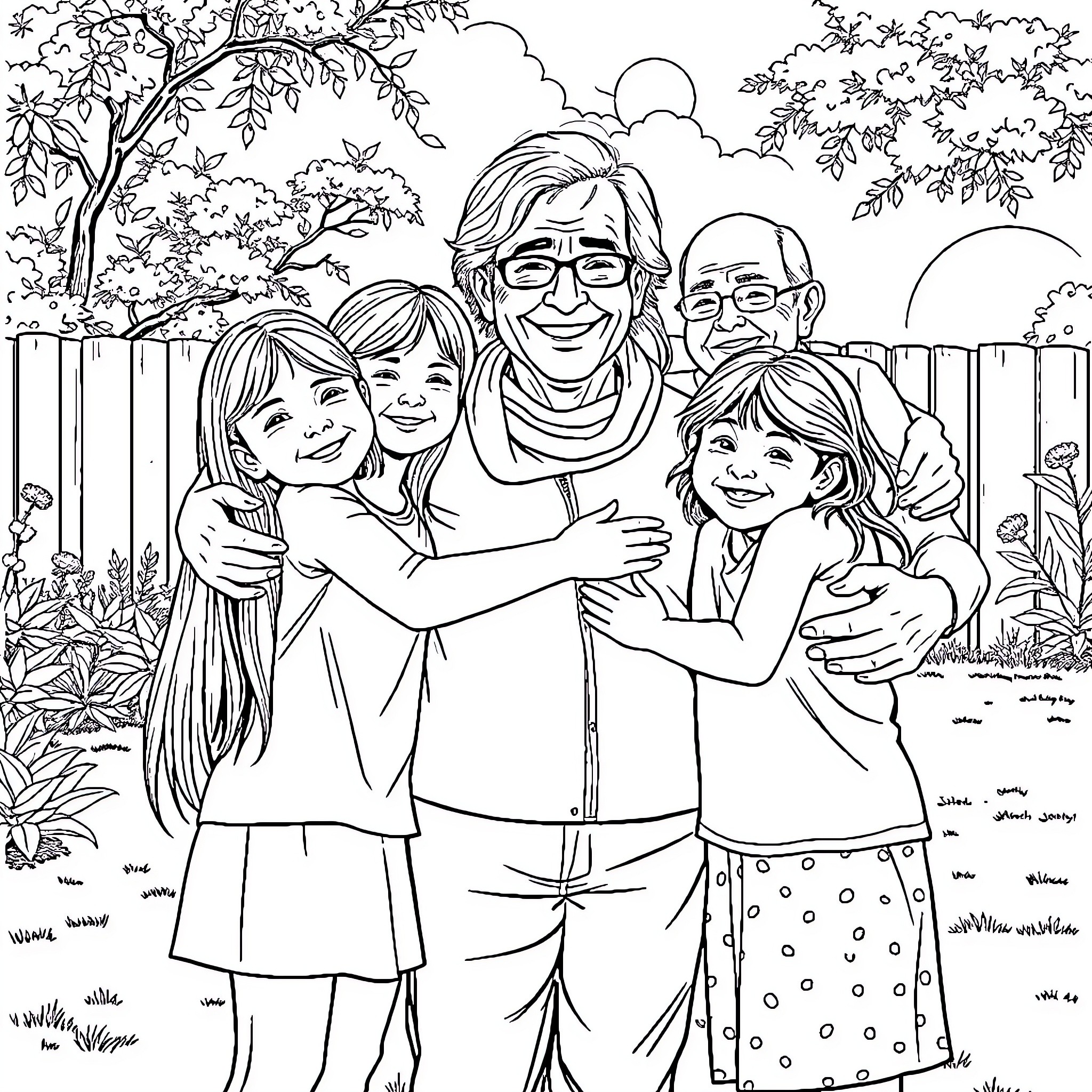Child's Friendly Family Portrait in Nature Coloring Page (free black-and-white line drawing printable PDF for all, from beginners to advanced learners, including children, teens, adults, and seniors)