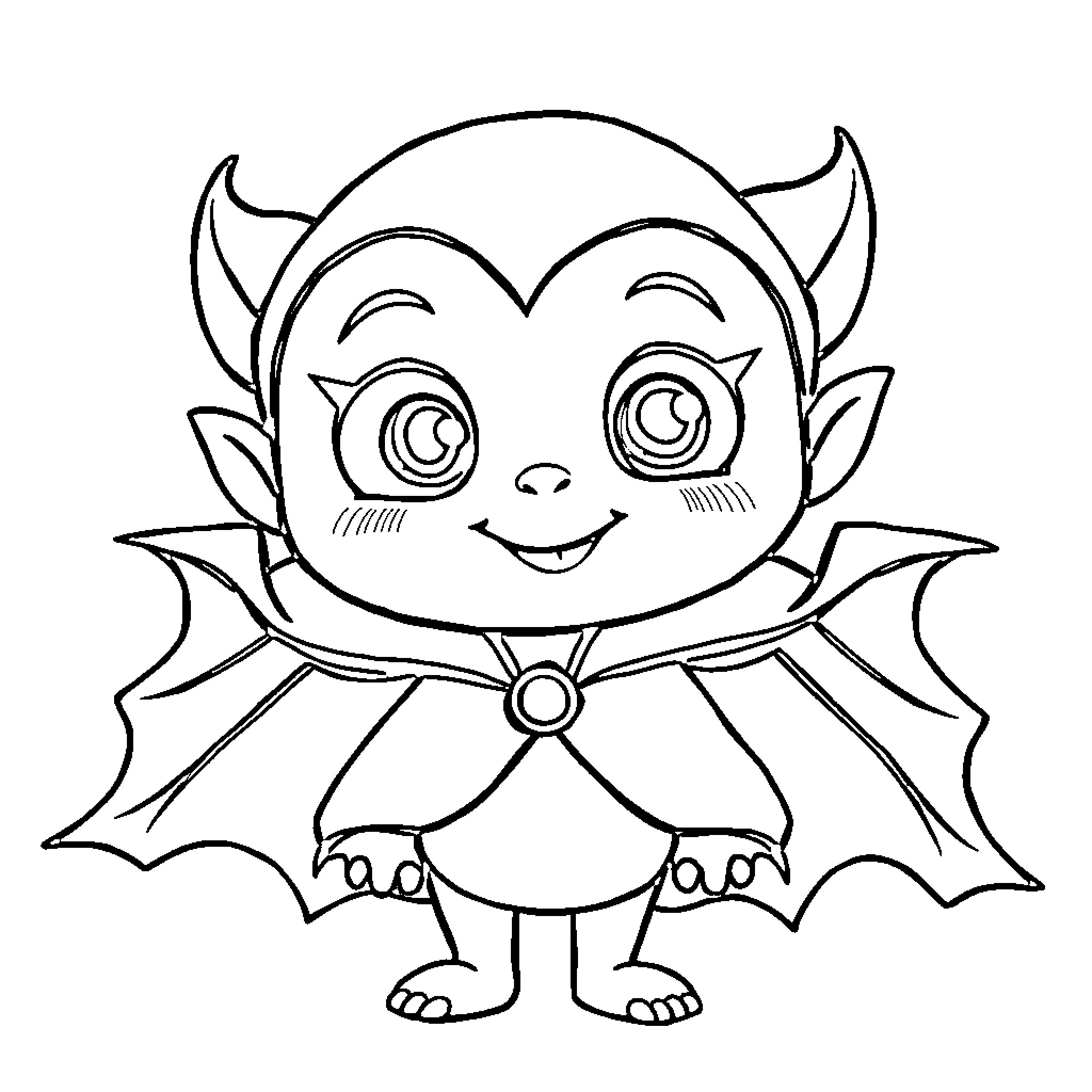 Vampire child in cheerful expression Coloring Page (free black-and-white line drawing printable PDF for all, from beginners to advanced learners, including children, teens, adults, and seniors)