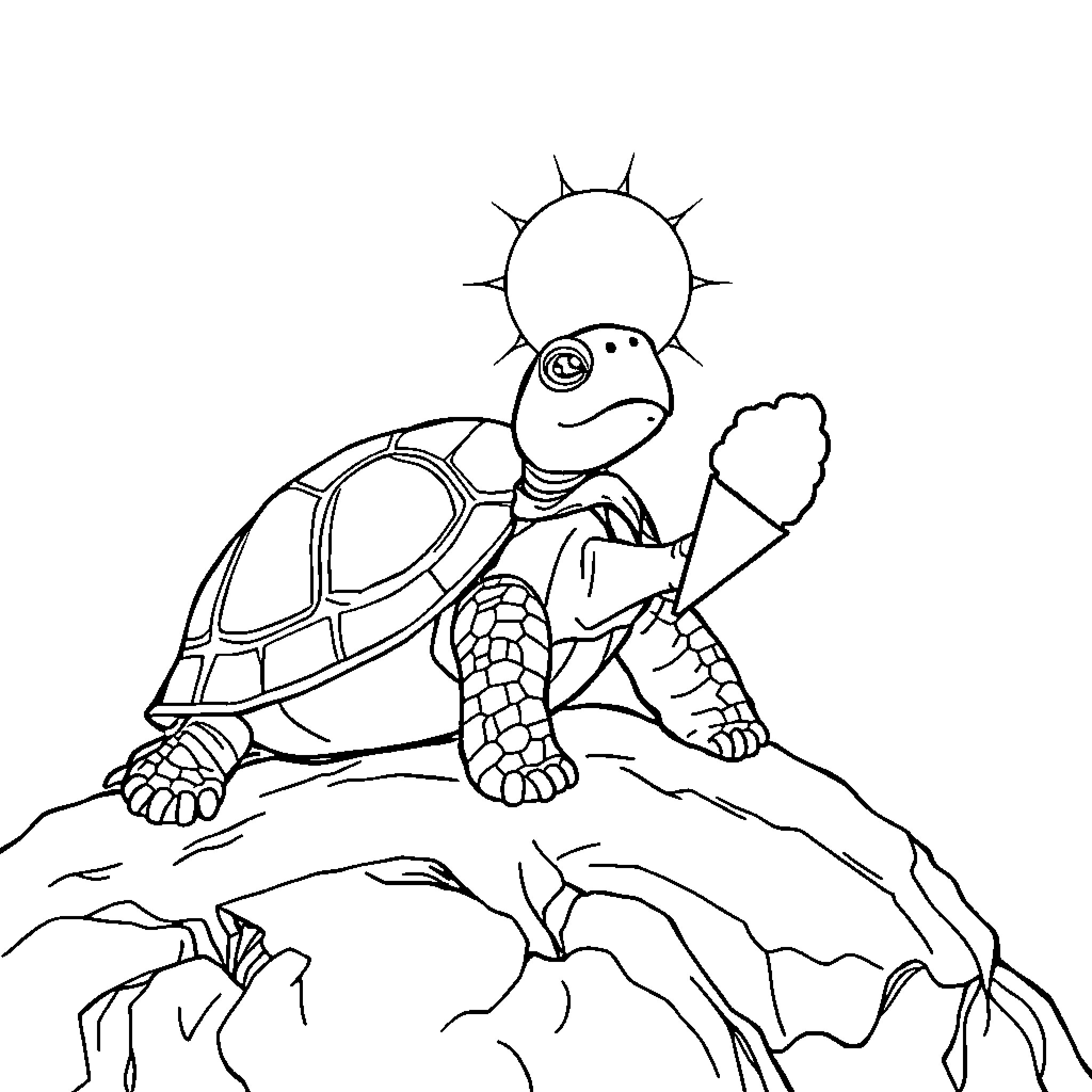 Turtle enjoying the sunlight on rocky terrain Coloring Page (free black-and-white line drawing printable PDF for all, from beginners to advanced learners, including children, teens, adults, and seniors)