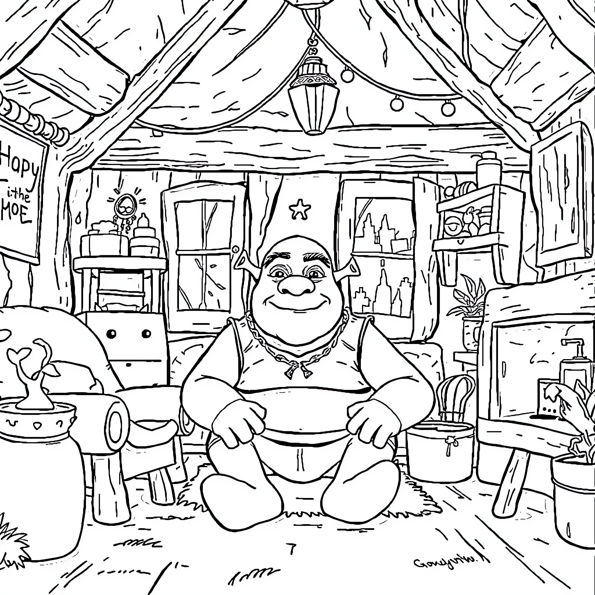 Shrek relaxing in his cozy swamp home Coloring Page (free black-and-white line drawing printable PDF for all, from beginners to advanced learners, including children, teens, adults, and seniors)